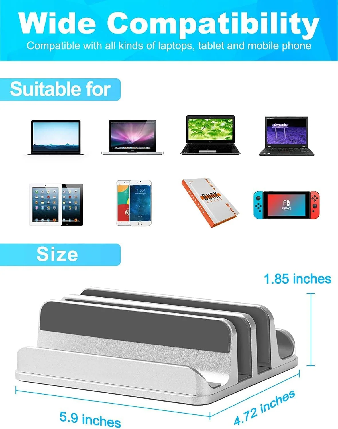 پایه نگهدارنده عمودی لپ تاپ 4 در 1 YanQo⁺ - سازمان دهنده آلومینیومی قابل تنظیم برای لپ تاپ تا 17.3 اینچ، تبلت، تلفن و لوازم جانبی - صرفه جویی در فضا، ارگونومیک، ضد گرم شدن بیش از حد (نقره ای)