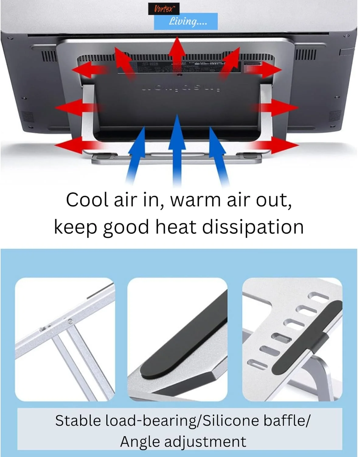 پایه لپ تاپ ورتکس مدل D24-3 نقره ای، پایه تبلت لپ تاپ قابل تنظیم، پایه چند زاویه ای، پایه تلفن، پایه لپ تاپ تاشو قابل حمل برای مک بوک ایر/پرو و ​​سایر نوت بوک ها 10-17.3 اینچی