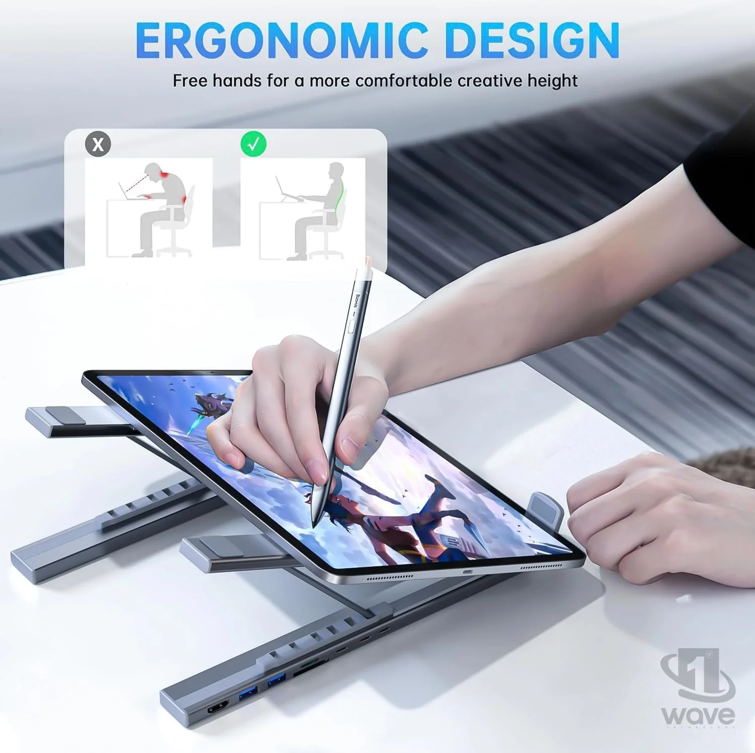 پایه لپ‌تاپ و ایستگاه اتصال USB-C هشت در یک فرست ویو DockHub | پایه ارگونومیک قابل تنظیم با خروجی 4K HDMI، شارژ سریع PD 100W، USB 3.0، کارت‌خوان SD/TF، هاب چند پورت برای مک‌بوک پرو/دل/اچ‌پی/لنوو، اتصال آسان