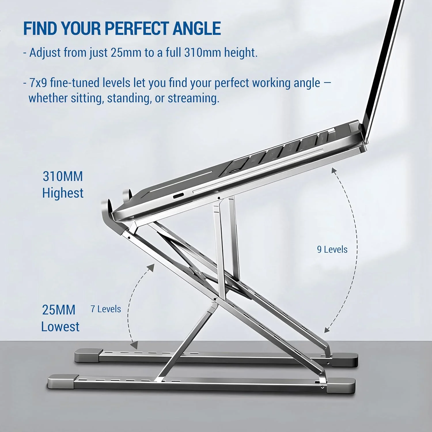 پایه لپ‌تاپ قابل حمل - بالابر آلومینیومی با قابلیت تنظیم ارتفاع دوگانه برای میز، 2 رنگ، تاشو، سبک وزن، ارگونومیک، ضد لغزش، دارای تهویه، سازگار با مک‌بوک، کروم‌بوک و غیره (خاکستری)