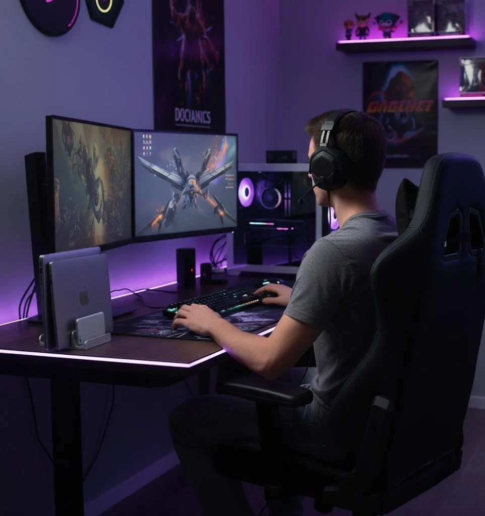 پایه نگهدارنده عمودی لپ تاپ 4 در 1 YanQo⁺ - سازمان دهنده آلومینیومی قابل تنظیم برای لپ تاپ تا 17.3 اینچ، تبلت، تلفن و لوازم جانبی - صرفه جویی در فضا، ارگونومیک، ضد گرم شدن بیش از حد (نقره ای)