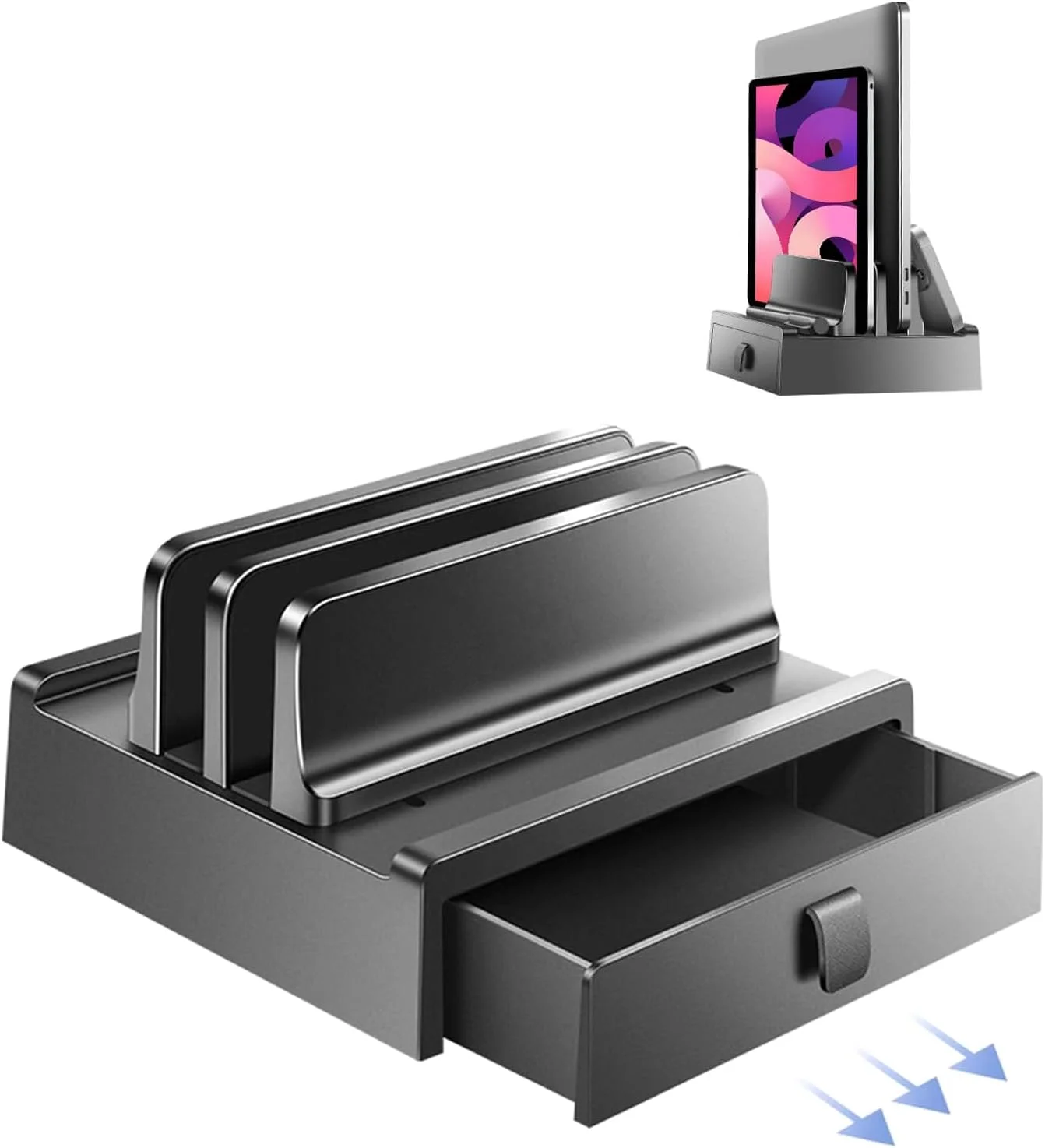 پایه ایستاده عمودی لپ‌تاپ با کشو، نگهدارنده پلاستیکی لپ‌تاپ با دو شیار و طراحی 4 در 1 برای صرفه‌جویی در فضا، پایه لپ‌تاپ قابل تنظیم برای میز، پشتیبانی از مک‌بوک، کروم‌بوک، سرفیس، دل