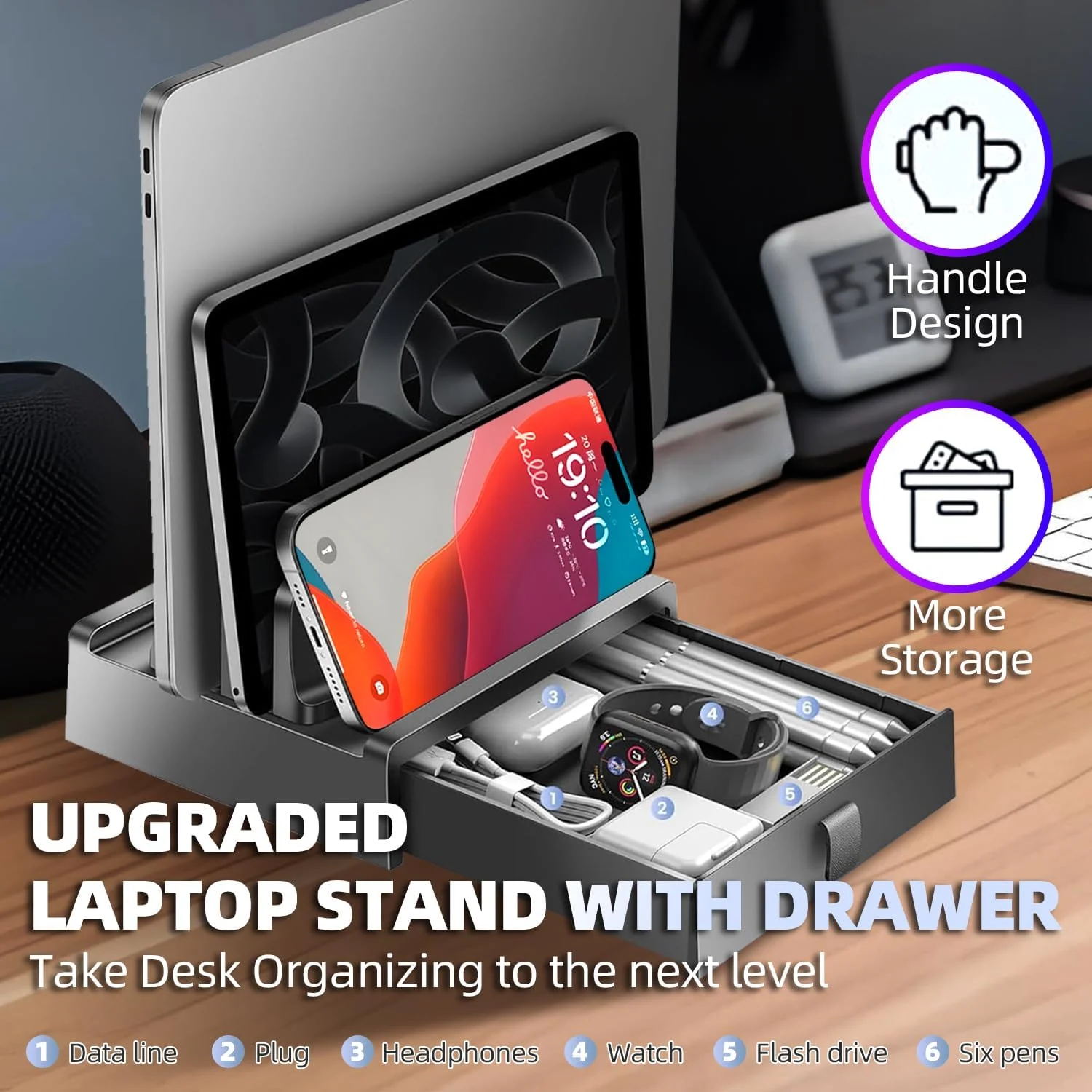 پایه ایستاده عمودی لپ‌تاپ با کشو، نگهدارنده پلاستیکی لپ‌تاپ با دو شیار و طراحی 4 در 1 برای صرفه‌جویی در فضا، پایه لپ‌تاپ قابل تنظیم برای میز، پشتیبانی از مک‌بوک، کروم‌بوک، سرفیس، دل