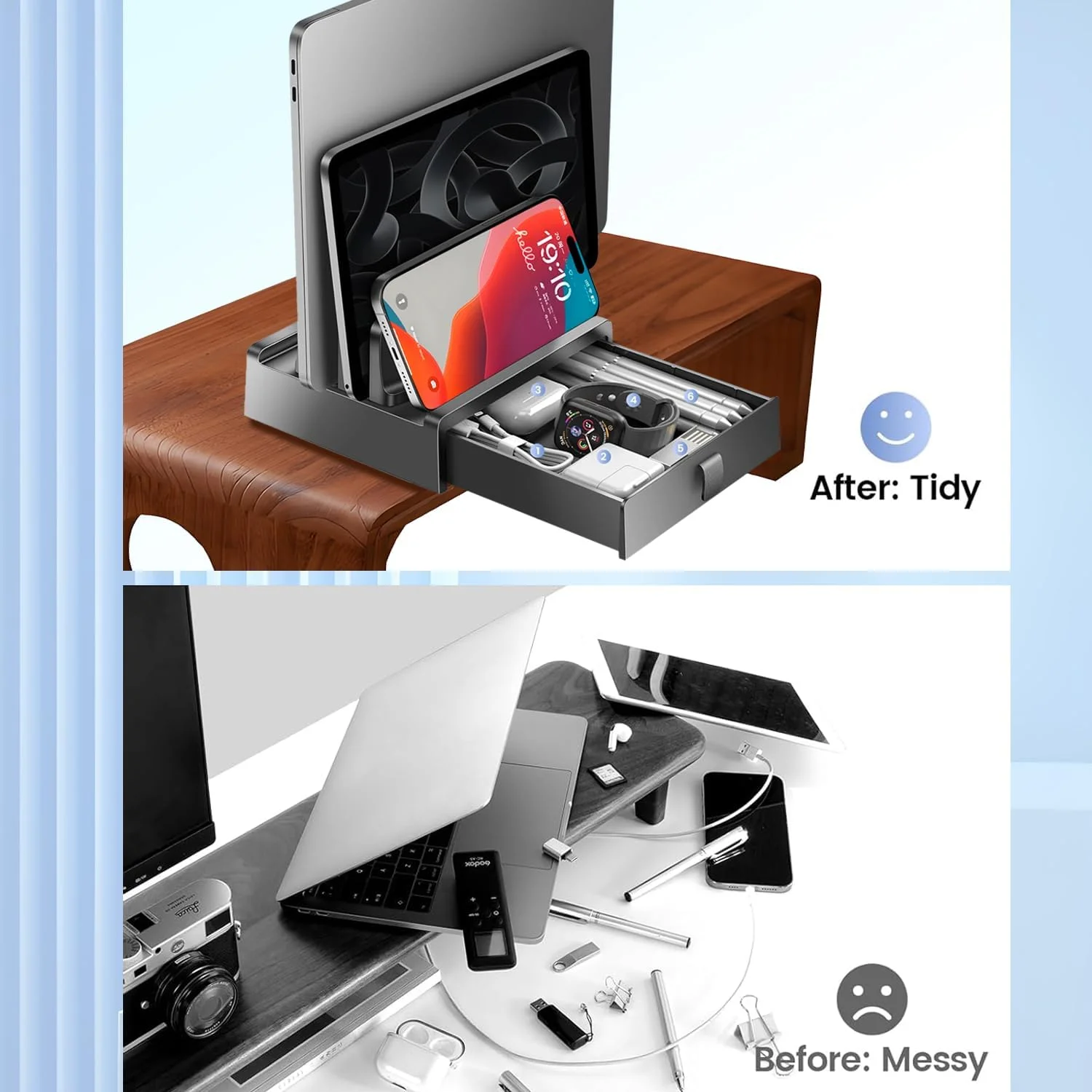 پایه ایستاده عمودی لپ‌تاپ با کشو، نگهدارنده پلاستیکی لپ‌تاپ با دو شیار و طراحی 4 در 1 برای صرفه‌جویی در فضا، پایه لپ‌تاپ قابل تنظیم برای میز، پشتیبانی از مک‌بوک، کروم‌بوک، سرفیس، دل