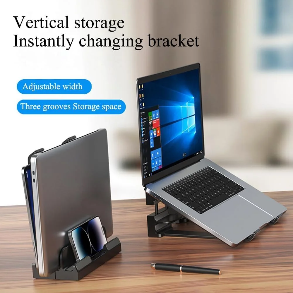 پایه عمودی لپ تاپ برای میز با 3 شیار، نگهدارنده ایستاده برای لپ تاپ و تبلت، زاویه قابل تنظیم، طراحی دریچه خنک کننده، پایه ضد لغزش پایدار، مشکی پایه عمودی لپ تاپ برای میز با 3 شیار، نگهدارنده ایستاده برای لپ تاپ و تبلت، زاویه قابل تنظیم، طراحی دریچه خنک کننده، پایه ضد لغزش پایدار، مشکی