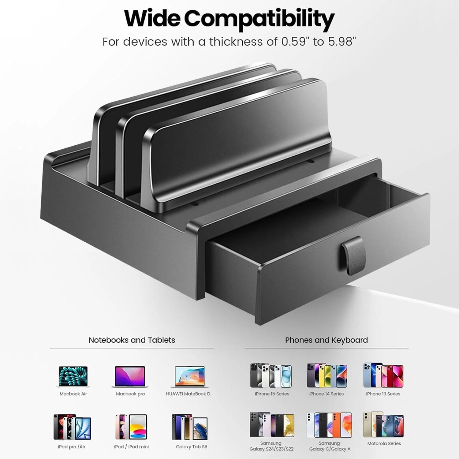 پایه ایستاده عمودی لپ‌تاپ با کشو، نگهدارنده پلاستیکی لپ‌تاپ با دو شیار و طراحی 4 در 1 برای صرفه‌جویی در فضا، پایه لپ‌تاپ قابل تنظیم برای میز، پشتیبانی از مک‌بوک، کروم‌بوک، سرفیس، دل