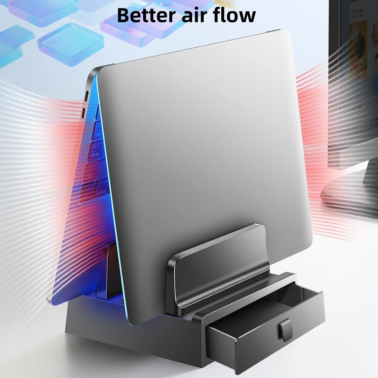 پایه ایستاده عمودی لپ‌تاپ با کشو، نگهدارنده پلاستیکی لپ‌تاپ با دو شیار و طراحی 4 در 1 برای صرفه‌جویی در فضا، پایه لپ‌تاپ قابل تنظیم برای میز، پشتیبانی از مک‌بوک، کروم‌بوک، سرفیس، دل