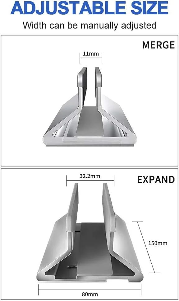 پایه نگهدارنده عمودی لپ تاپ آلومینیومی قابل تنظیم، صرفه جویی در فضای میز، سازگار با مک بوک ایر پرو، آیپد پرو، سرفیس، دل، اچ پی و لپ تاپ های 11-17 اینچی (نقره ای دوگانه)