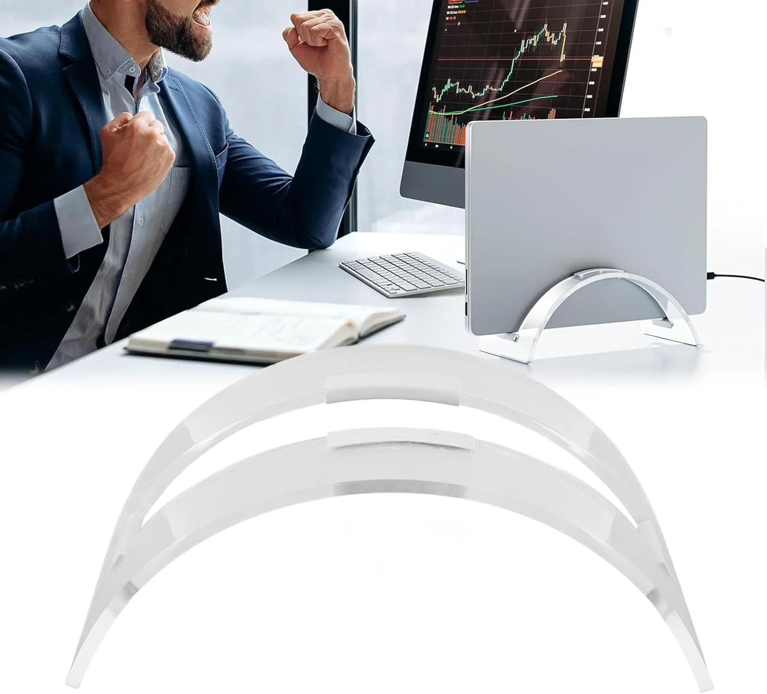 پایه عمودی لپ تاپ، طراحی صرفه جویی در فضا، پایه اتصال لپ تاپ با قابلیت تنظیم چند زاویه، نگهدارنده عمودی لپ تاپ رومیزی