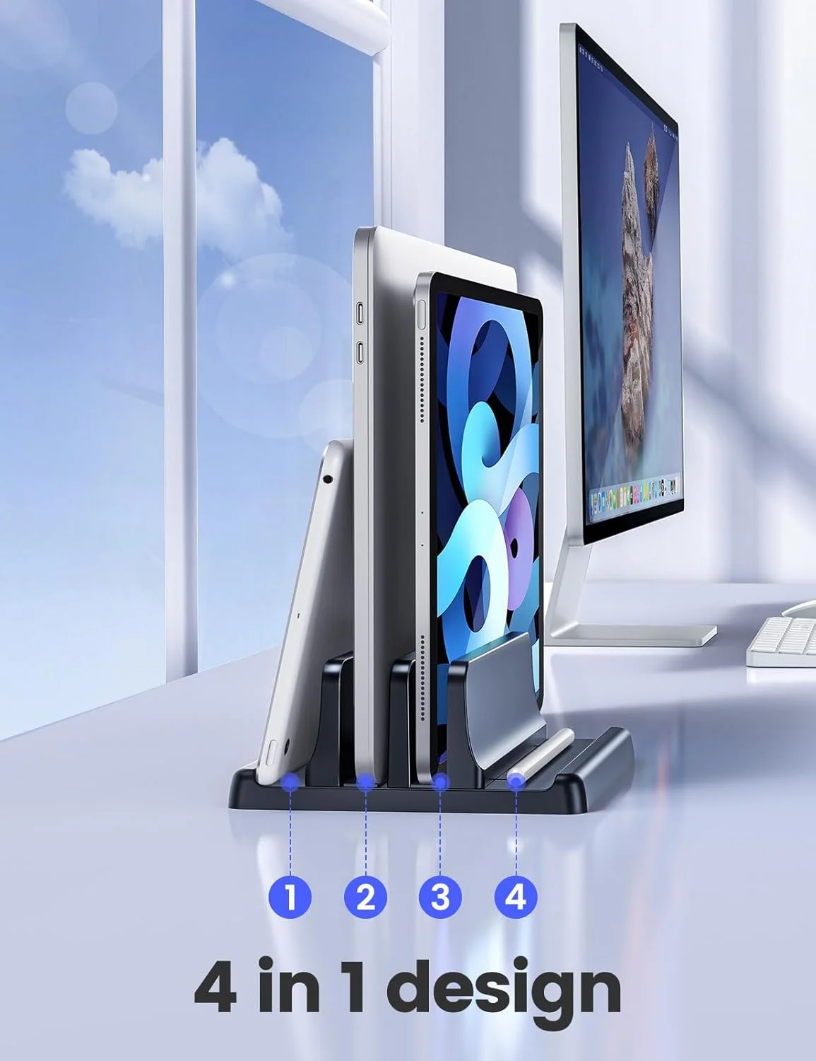 پایه نگهدارنده عمودی لپ تاپ Vaydeer برای میز، دارای دو شیار پلاستیکی با طراحی 4 در 1 برای صرفه جویی در فضا، پایه قابل تنظیم لپ تاپ مناسب برای MacBook، Chromebook، Surface، Dell