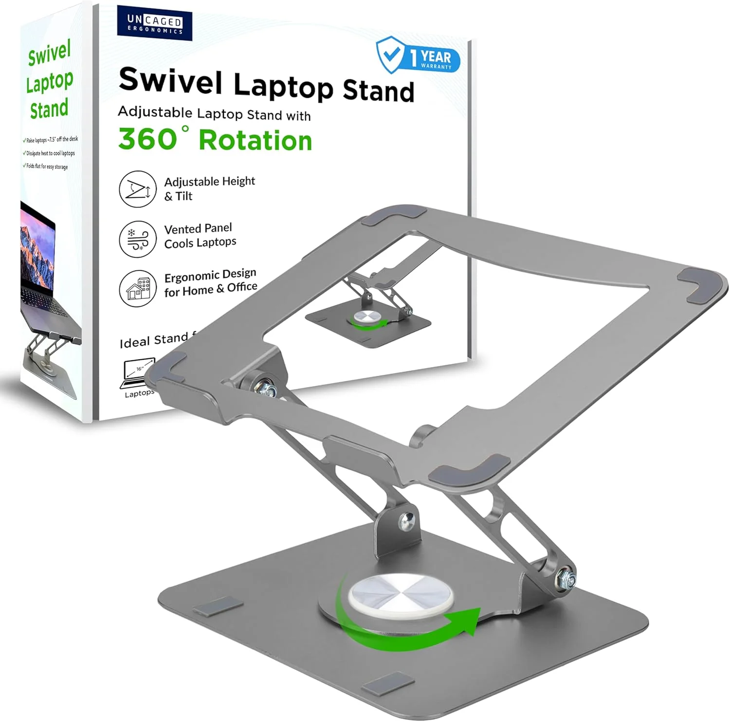 پایه لپ‌تاپ چرخان ارگونومیک برای میز، پایه قابل تنظیم کامپیوتر و آیپد با چرخش 360 درجه، نگهدارنده لپ‌تاپ قابل حمل برای لوازم ارگونومیک دفتر کار خانگی (خاکستری فضایی)