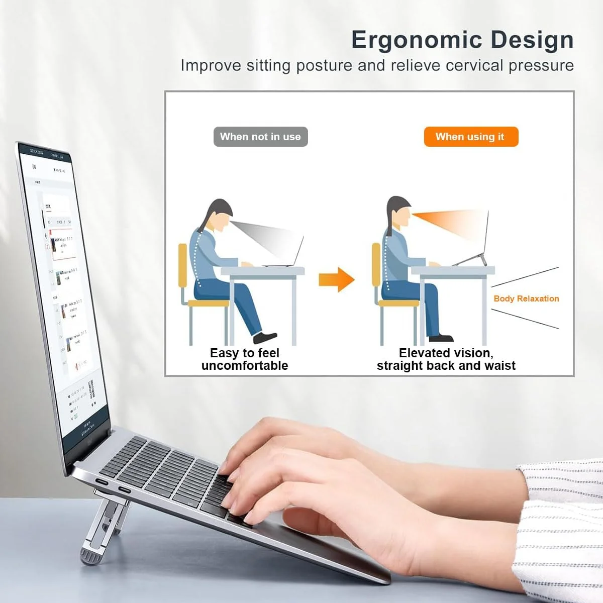 پایه لپ تاپ، پایه لپ تاپ تاشو قابل حمل، رایزر کامپیوتر ارگونومیک نامرئی چسبی، قابل تنظیم در 4 سطح برای همه لپ تاپ ها و تبلت ها