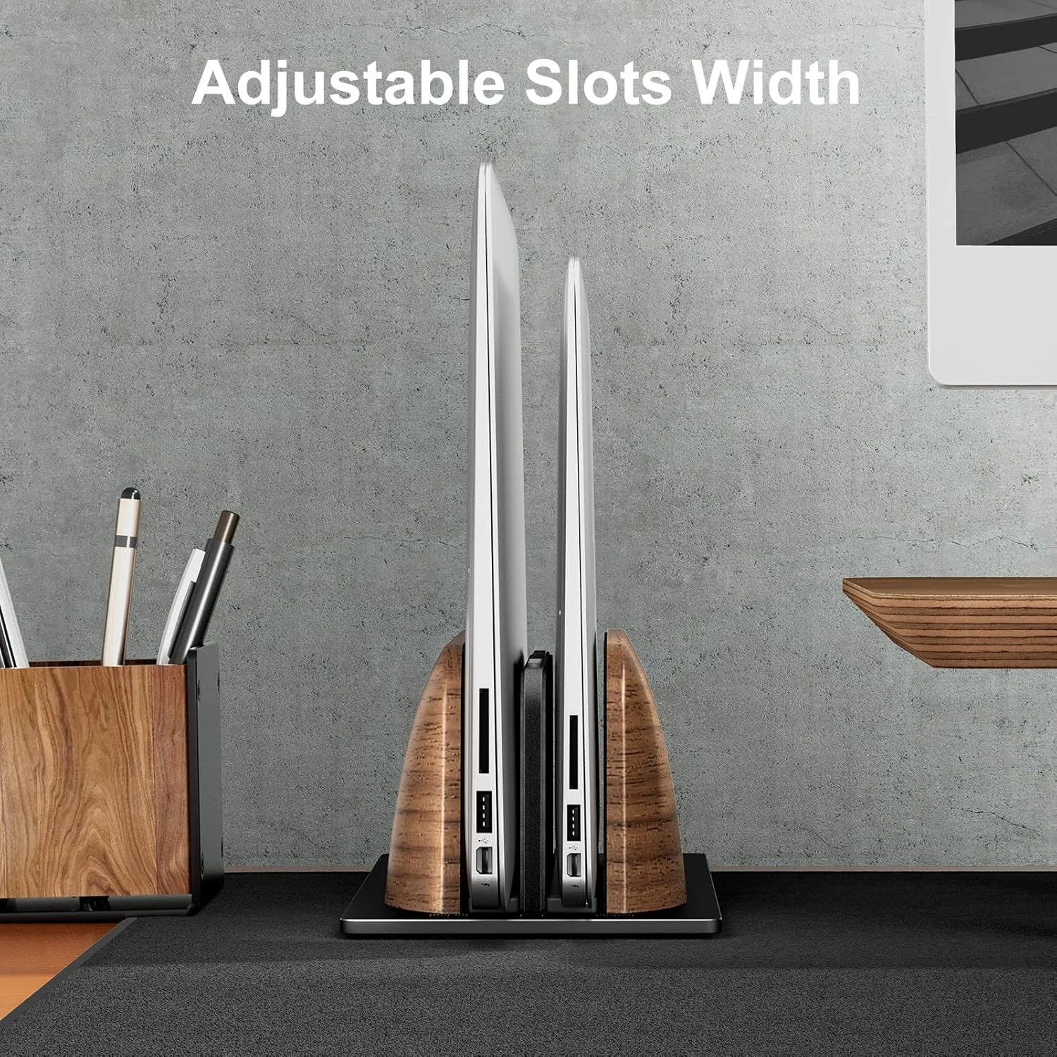 پایه عمودی لپ تاپ، نگهدارنده دوگانه لپ تاپ از جنس چوب گردو برای میز، پایه قابل تنظیم پهنا از جنس چوب طبیعی و آلومینیوم برای مک بوک و سایر لپ تاپ ها