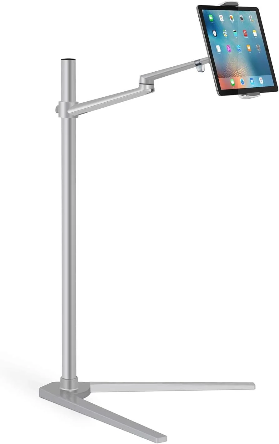پایه نگهدارنده لپ تاپ 3 در 1 با قابلیت چرخش 360 درجه و تنظیم ارتفاع، مناسب برای آیپد پرو 12.9 اینچ، آیپد ایر، آیپد مینی و سایر تبلت ها و گوشی های هوشمند 4 تا 13 اینچی - پایه تخت و زمینی برای لپ تاپ (12-17 اینچ) (نقره ای)