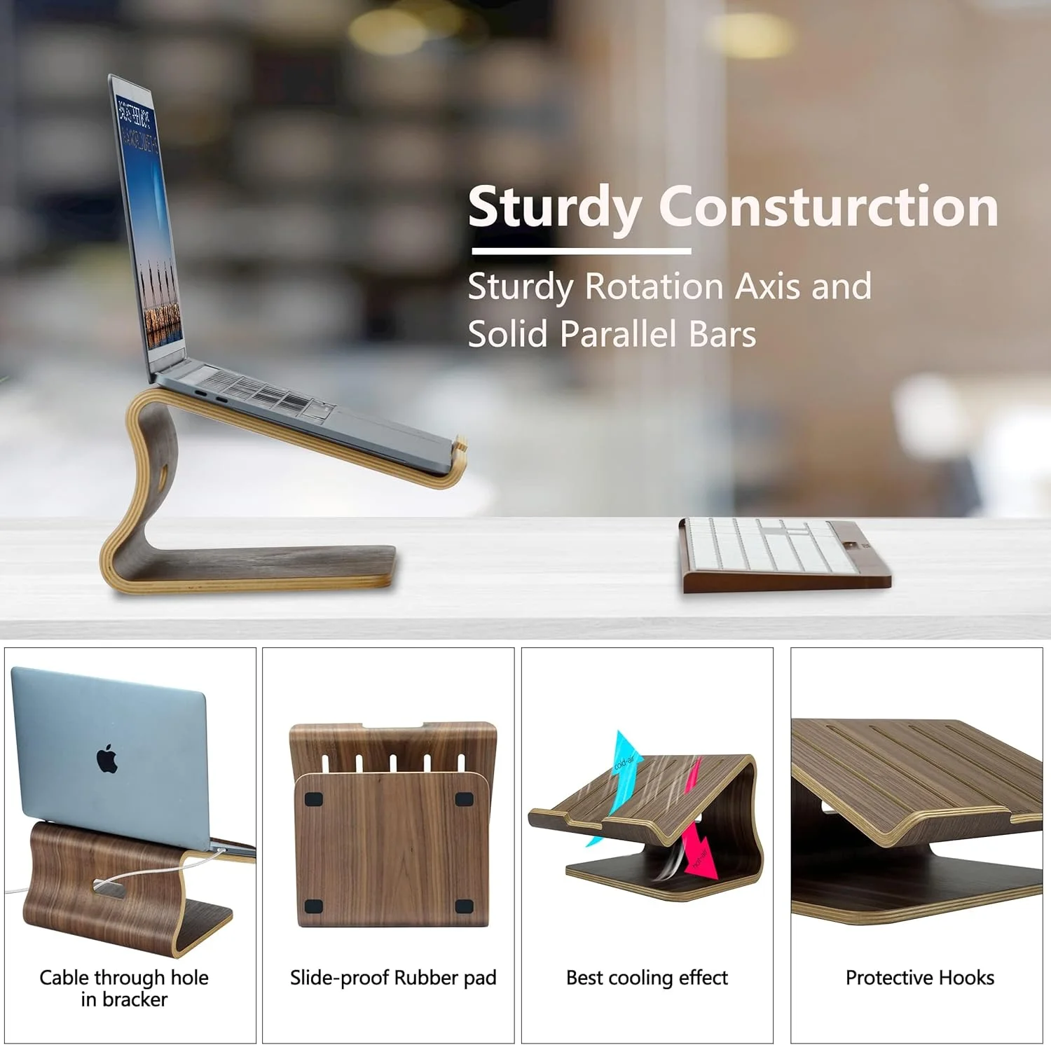 پایه چوبی لپ تاپ SAMDI برای میز، نگهدارنده لپ تاپ، نگهدارنده چوبی خنک کننده کامپیوتر، مناسب برای اکثر لپ تاپ ها قفسه دفع حرارت (گردویی)