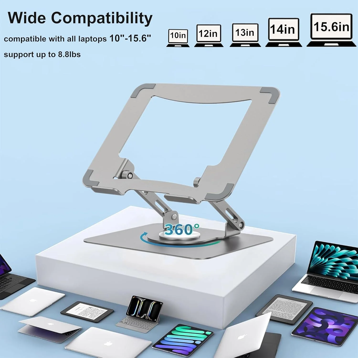پایه لپ تاپ با پایه چرخان 360 درجه، ارتفاع قابل تنظیم چند زاویه، پایه ارگونومیک لپ تاپ برای کار گروهی، پایه لپ تاپ تاشو و قابل حمل، مناسب برای همه لپ تاپ های 10-17 اینچی (خاکستری)