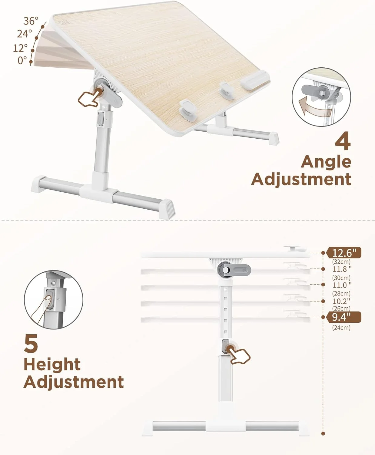 میز چندمنظوره سایجی با قابلیت تنظیم ارتفاع و زاویه، میز لپ‌تاپ تاشو، مناسب برای مبل، کاناپه، کار، مطالعه، نوشتن و صرف صبحانه، مناسب برای لپ‌تاپ تا 17 اینچ (60x33 سانتی‌متر، طرح چوب ساج)