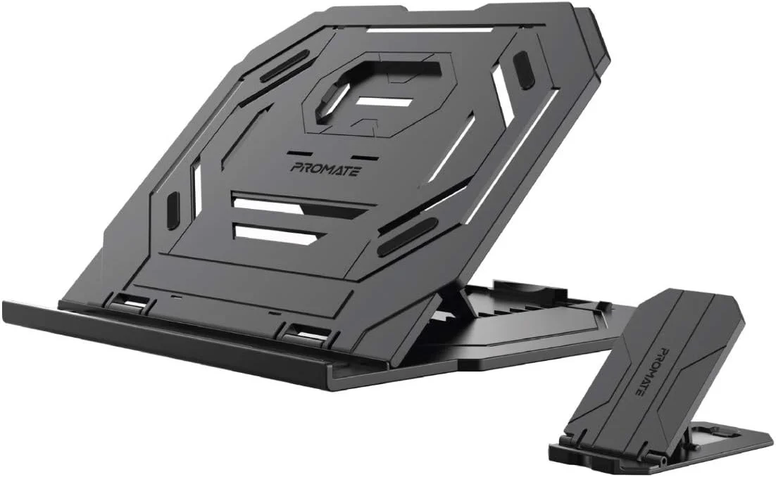 پایه لپ تاپ پرومیت مدل ProCooler-1، پایه تاشو 2 در 1 برای لپ تاپ و گوشی هوشمند با پایه چرخان 360 درجه، ارتفاع قابل تنظیم چند زاویه و گیره ضد لغزش برای لپ تاپ، گوشی هوشمند و نوت بوک