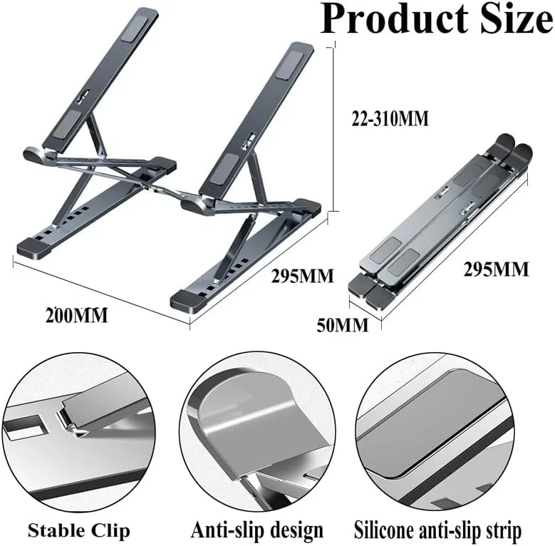 پایه لپ تاپ قابل تنظیم QUEENADA برای میز - نگهدارنده آلومینیومی لپ تاپ، 6 حالت تنظیم ارتفاع، افزایش تهویه لپ تاپ، طراحی ارگونومیک، پایه لپ تاپ تاشو، سازگاری جهانی (خاکستری)