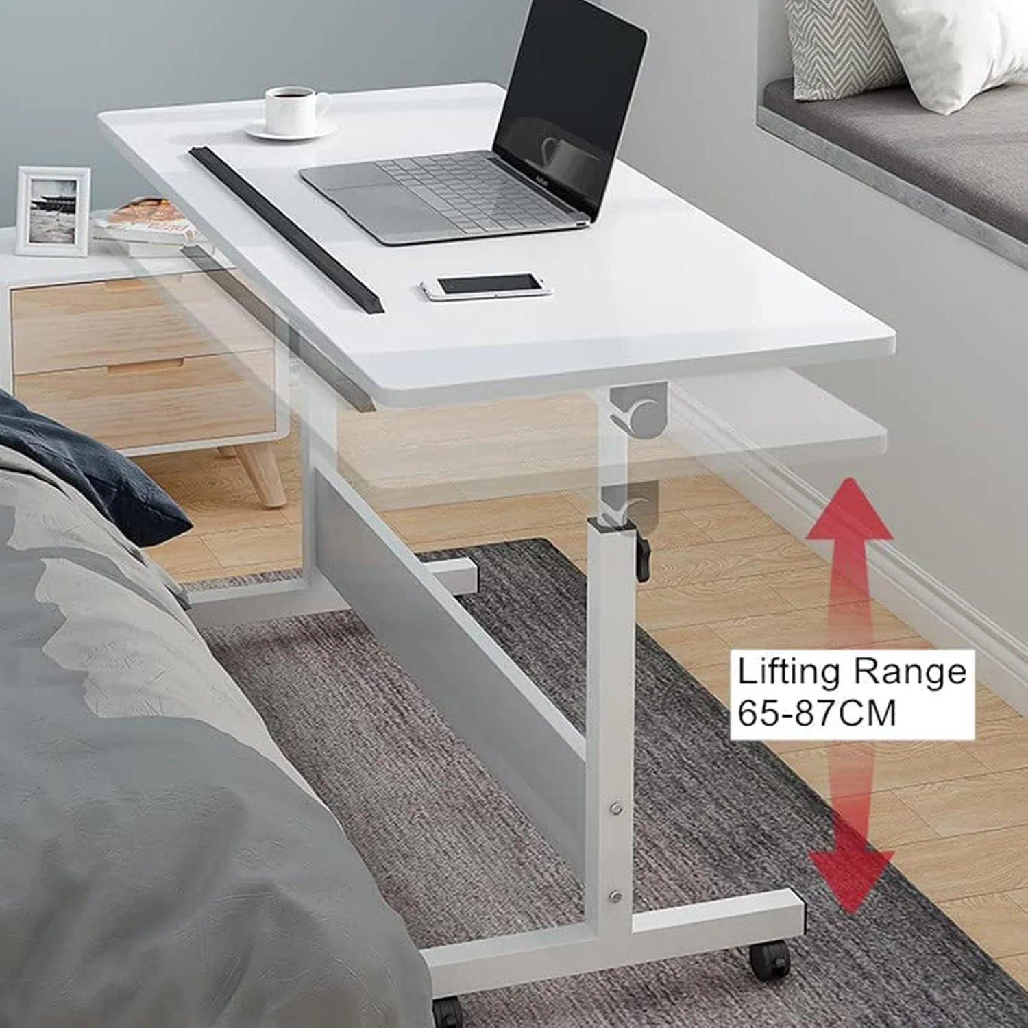 میز ایستاده موبایل، میز لپ‌تاپ کنار تختی با قابلیت تنظیم ارتفاع، میز جانبی چند منظوره تاشو، میز کامپیوتر با 4 چرخ برای اتاق خواب، اتاق نشیمن، دفتر کار، بیمارستان، استودیو (سفید 50x80 سانتی متر)