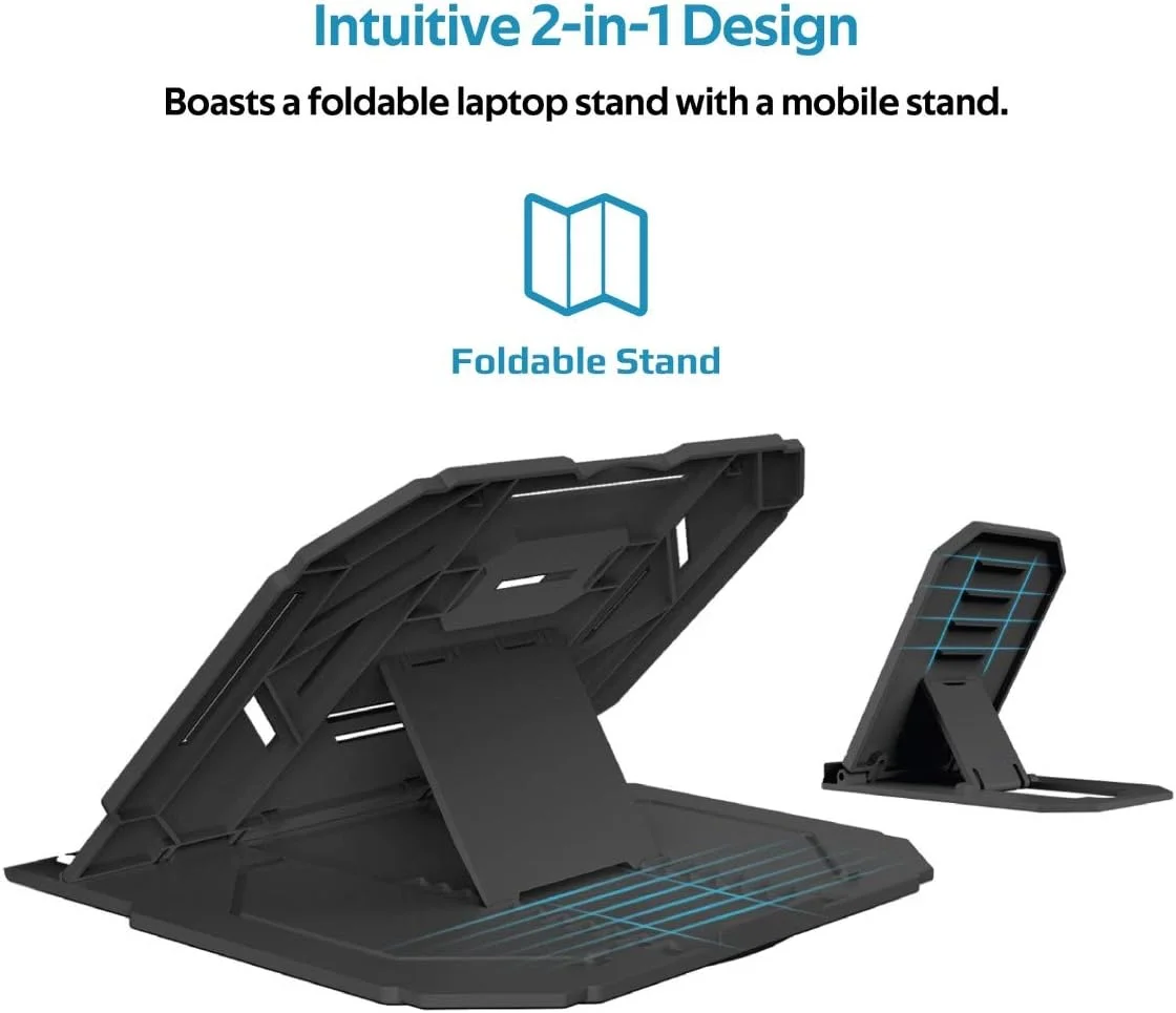 پایه لپ تاپ پرومیت مدل ProCooler-1، پایه تاشو 2 در 1 برای لپ تاپ و گوشی هوشمند با پایه چرخان 360 درجه، ارتفاع قابل تنظیم چند زاویه و گیره ضد لغزش برای لپ تاپ، گوشی هوشمند و نوت بوک