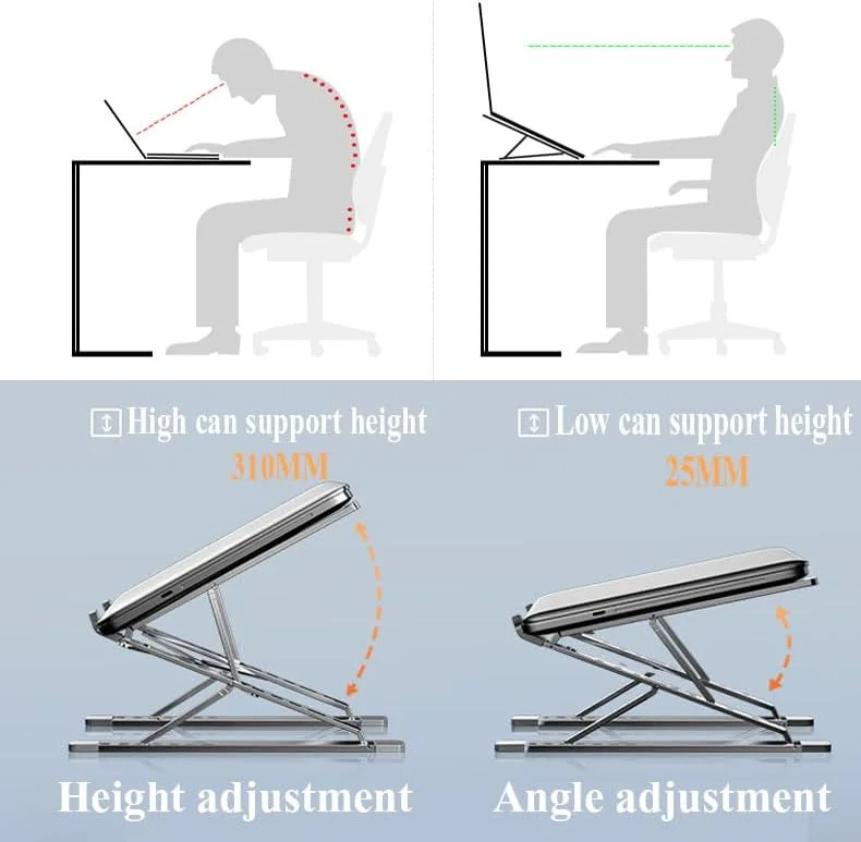 پایه لپ تاپ قابل تنظیم QUEENADA برای میز - نگهدارنده آلومینیومی لپ تاپ، 6 حالت تنظیم ارتفاع، افزایش تهویه لپ تاپ، طراحی ارگونومیک، پایه لپ تاپ تاشو، سازگاری جهانی (خاکستری)
