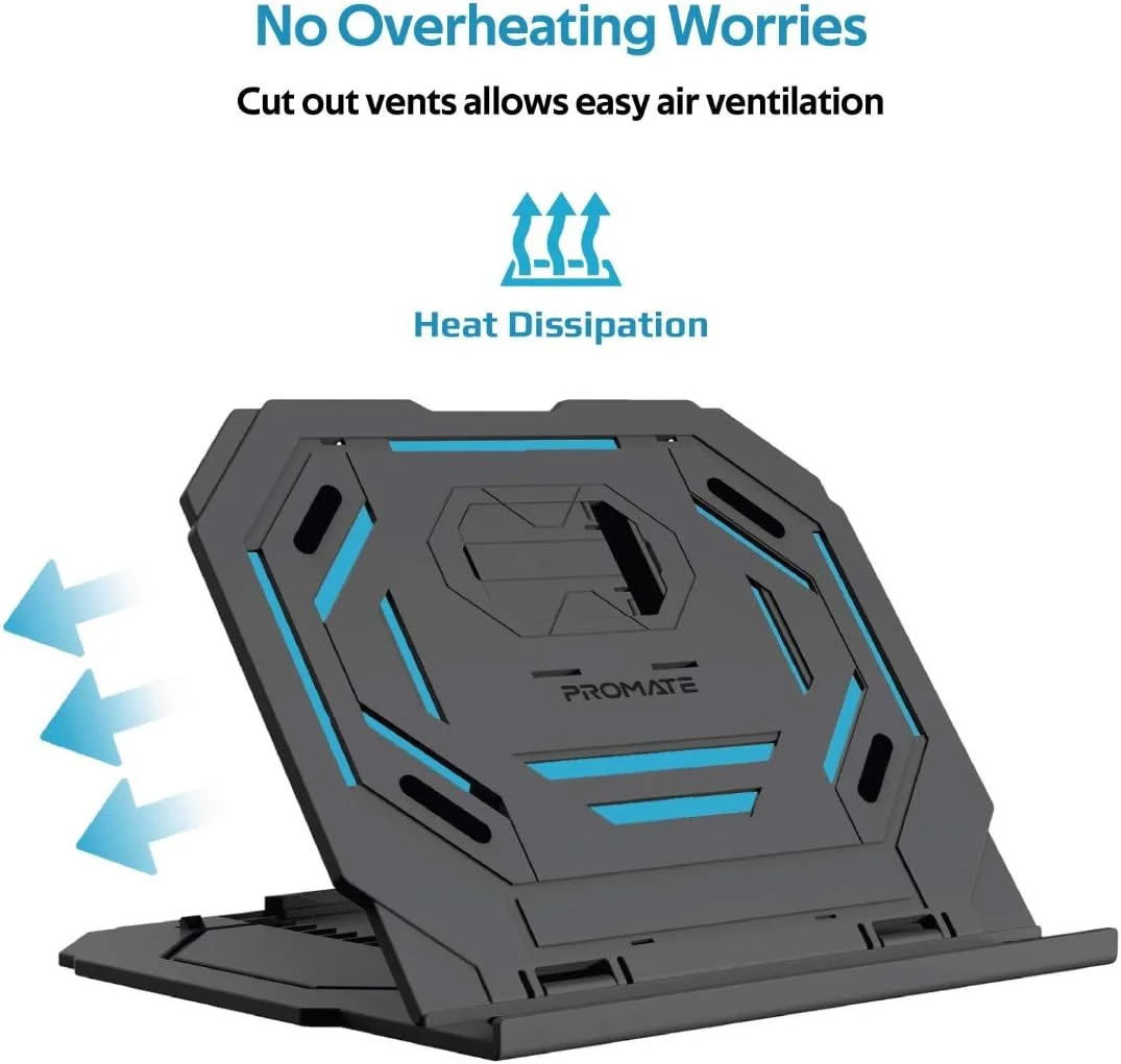 پایه لپ تاپ پرومیت مدل ProCooler-1، پایه تاشو 2 در 1 برای لپ تاپ و گوشی هوشمند با پایه چرخان 360 درجه، ارتفاع قابل تنظیم چند زاویه و گیره ضد لغزش برای لپ تاپ، گوشی هوشمند و نوت بوک