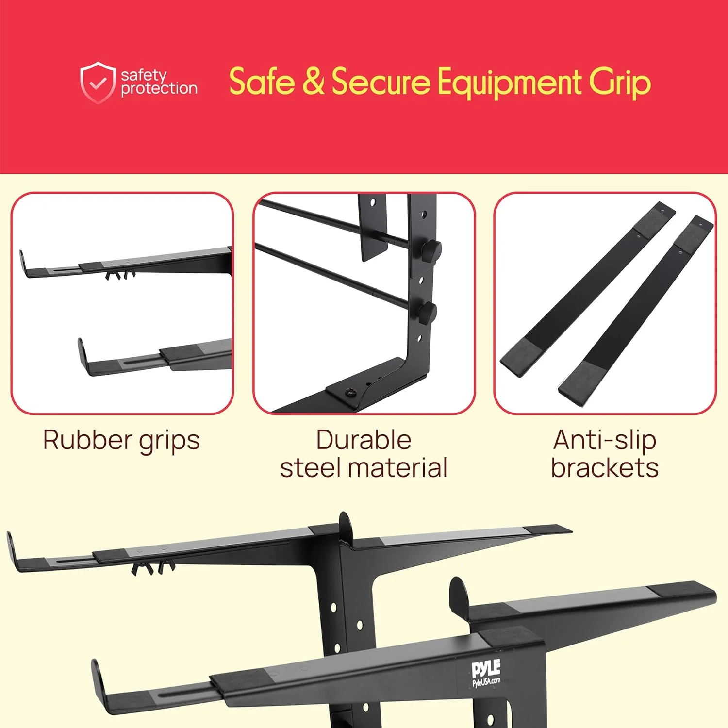 پایه لپ‌تاپ دوگانه قابل حمل Pyle - میز ایستاده با ارتفاع قابل تنظیم، طراحی ارگونومیک و شاخک‌های ضد لغزش برای میکسر DJ، تجهیزات صوتی، ایستگاه کاری، استفاده خانگی گیمینگ PLPTS38، مشکی