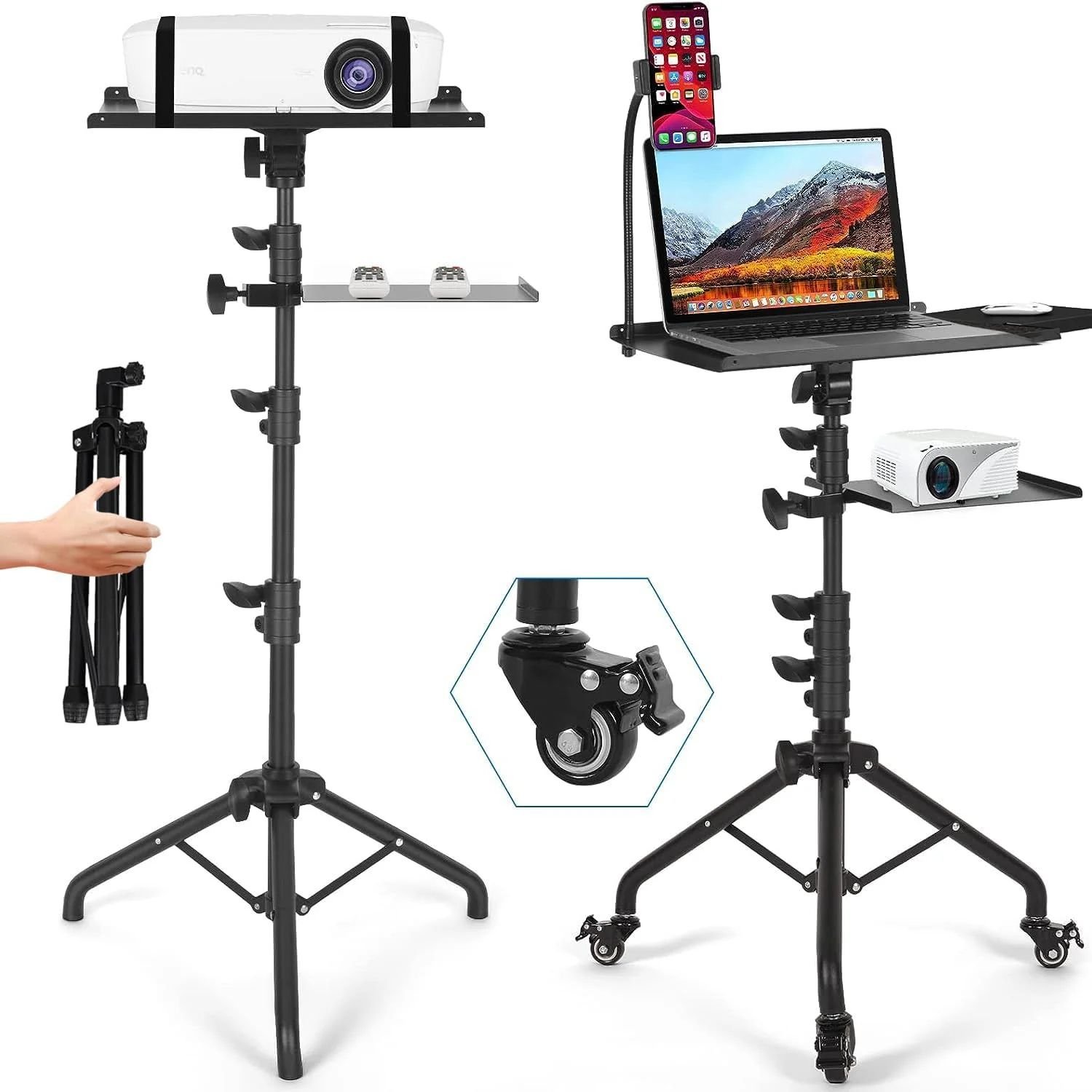 پایه پروژکتور چرخ دار با 2 قفسه، پایه سه پایه لپ تاپ با قابلیت تنظیم ارتفاع به همراه نگهدارنده تلفن گردن غازی، پایه زمینی لپ تاپ برای دفتر، خانه، استیج، استودیو، پایه نگهدارنده DJ