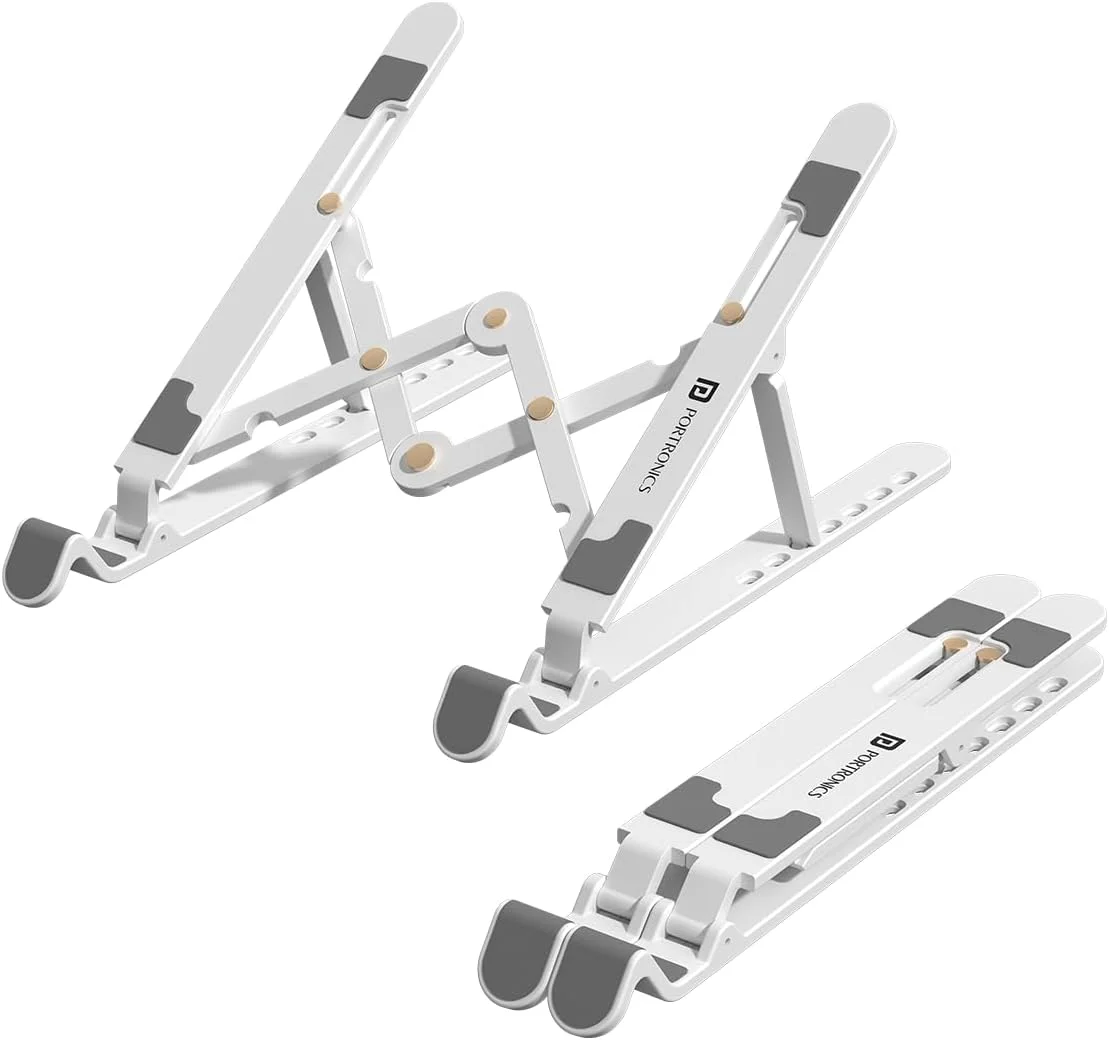پایه تاشو لپ‌تاپ پورتronics مدل My Buddy K Lite با ارتفاع قابل تنظیم، پدهای سیلیکونی ضد لغزش، طراحی تاشو، حداکثر وزن 5 کیلوگرم، ساختار ABS، نگهدارنده قابل حمل و سبک (سفید)