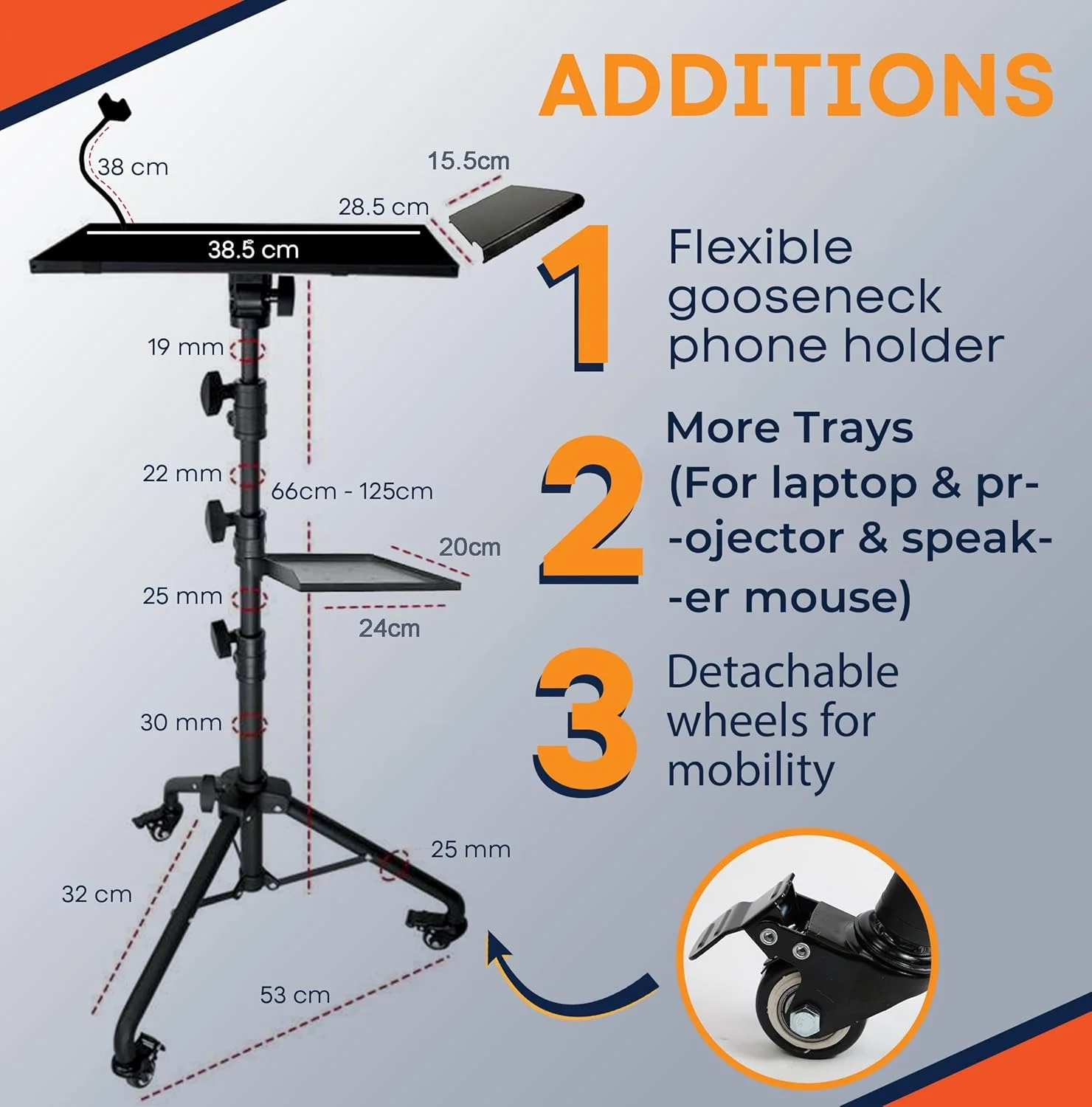 پایه پروژکتور چرخ دار با 2 قفسه، پایه سه پایه لپ تاپ با قابلیت تنظیم ارتفاع به همراه نگهدارنده تلفن گردن غازی، پایه زمینی لپ تاپ برای دفتر، خانه، استیج، استودیو، پایه نگهدارنده DJ