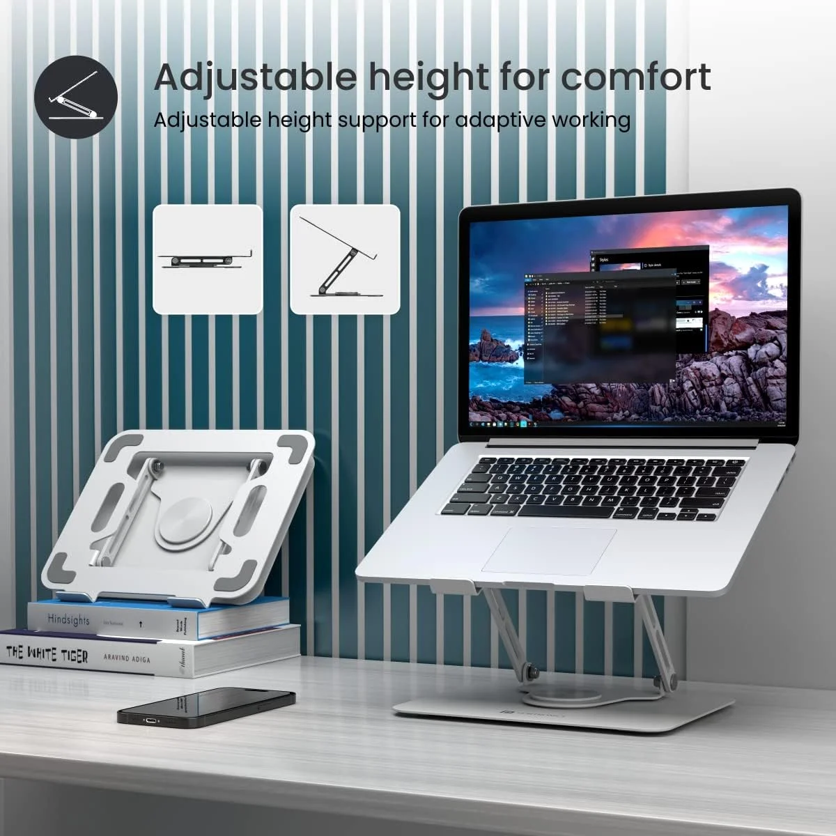 پایه لپ‌تاپ قابل حمل پورتronics مدل My Buddy K9 - سطوح ارتفاع قابل تنظیم - طراحی ضد لغزش با تهویه - پایه چرخان 360 درجه (سفید)