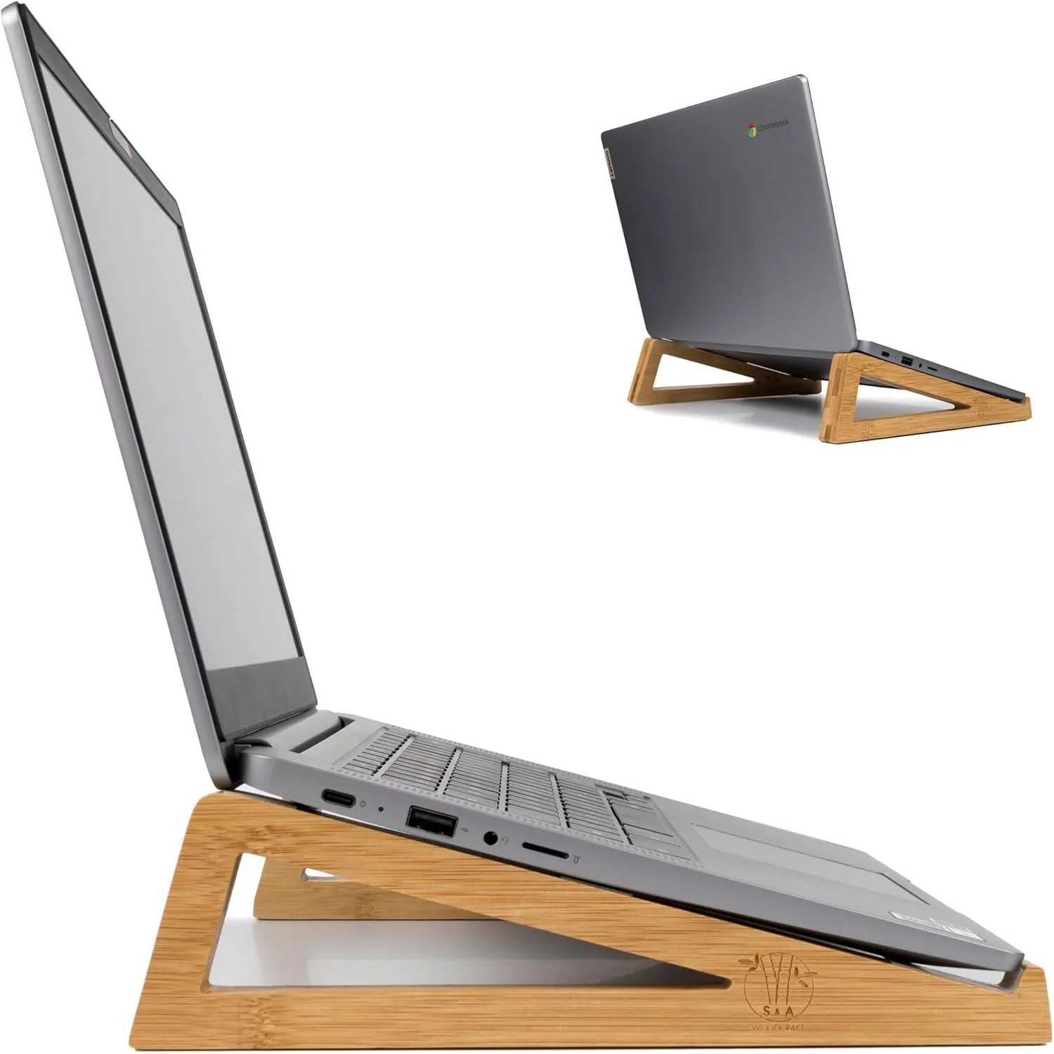 پایه لپ تاپ چوبی بامبو، نگهدارنده قابل حمل لپ تاپ برای تبلت با کیف حمل، پایه لپ تاپ مسافرتی جمع و جور با پدهای محافظ سیلیکونی، مناسب برای استفاده در دفتر کار خانگی و مسافرت