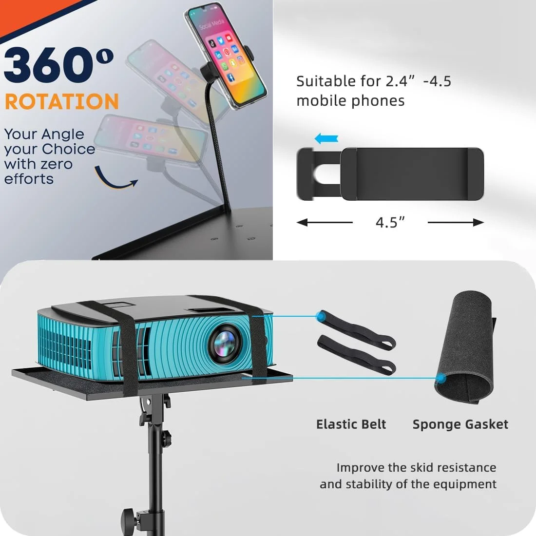 پایه پروژکتور چرخ دار با 2 قفسه، پایه سه پایه لپ تاپ با قابلیت تنظیم ارتفاع به همراه نگهدارنده تلفن گردن غازی، پایه زمینی لپ تاپ برای دفتر، خانه، استیج، استودیو، پایه نگهدارنده DJ