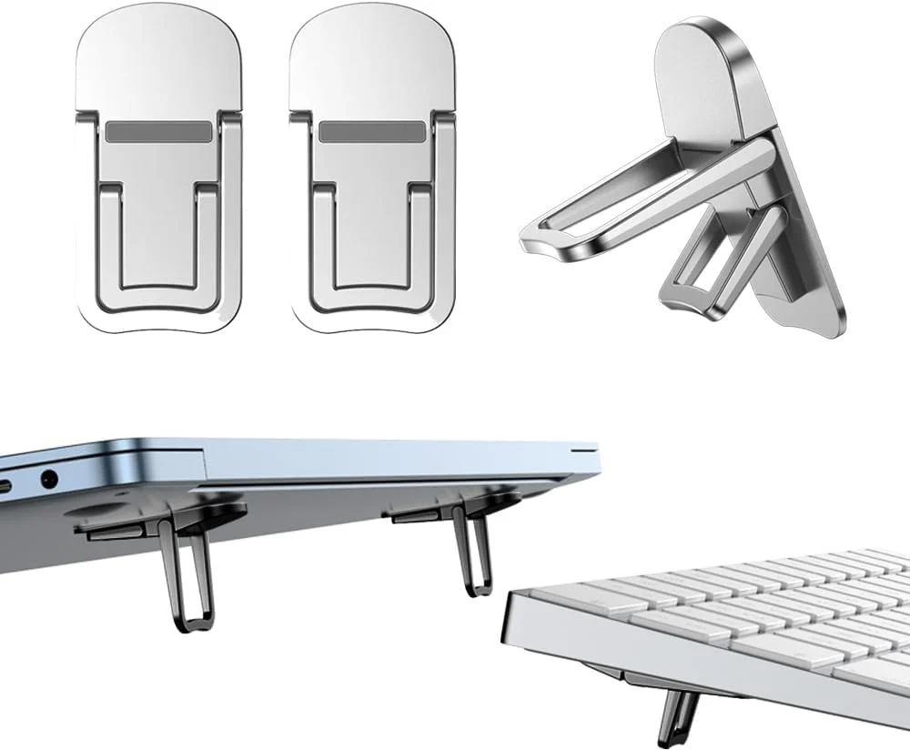 پایه لپ تاپ تاشو مینی آلیاژ روی، پایه کیبورد قابل حمل با 2 زاویه قابل تنظیم، پایه نامرئی خود چسب برای نوت بوک و بالابر کیبورد برای میز (نقره ای) - 2 عدد