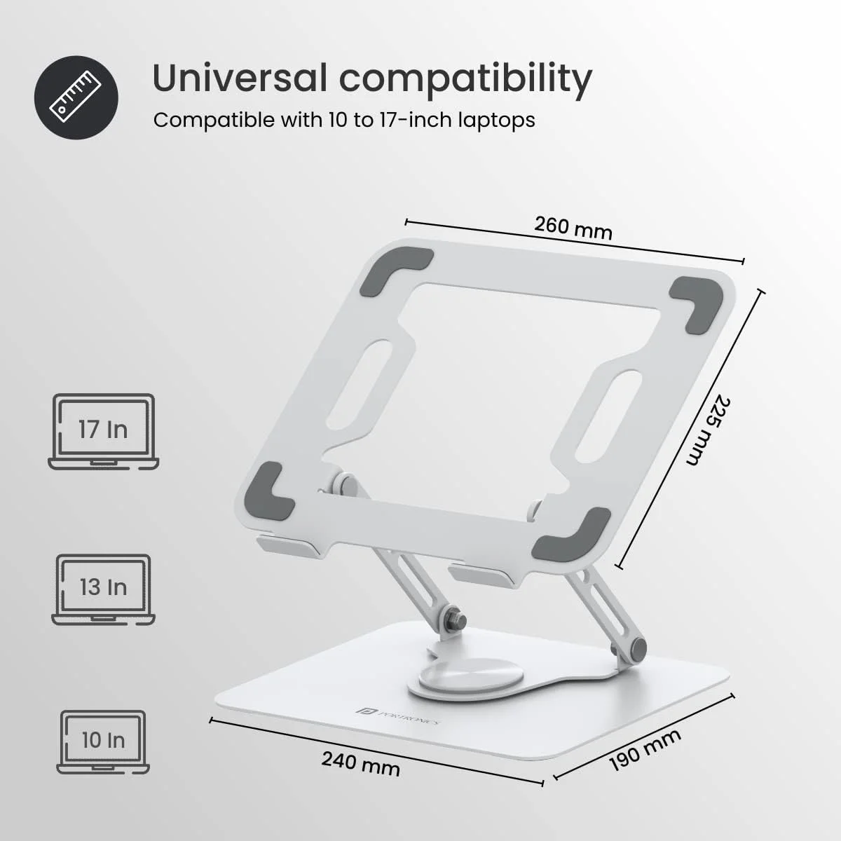 پایه لپ‌تاپ قابل حمل پورتronics مدل My Buddy K9 - سطوح ارتفاع قابل تنظیم - طراحی ضد لغزش با تهویه - پایه چرخان 360 درجه (سفید)