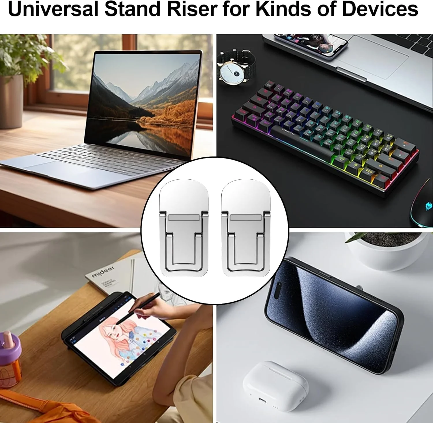 پایه لپ تاپ قابل حمل، پایه لپ تاپ کوچک، تاشو و سبک وزن با طراحی ارگونومیک و خنک کننده، مناسب برای کیبورد و لپ تاپ های 10-17.3 اینچی، نقره ای