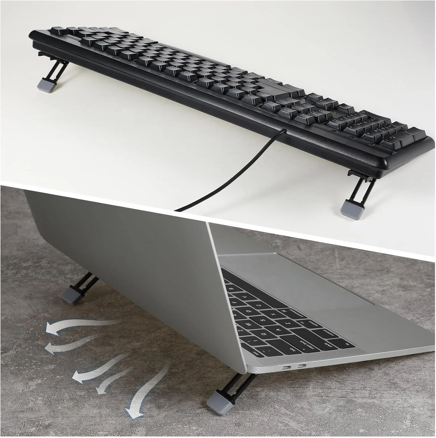 ۲ عدد پایه کیبورد قابل حمل، سه زاویه شیب قابل تنظیم، پایه لپ تاپ تاشو نامرئی، پایه کوچک آلیاژ روی، پایه کیبورد خود چسب برای اکثر کیبوردها (مشکی)