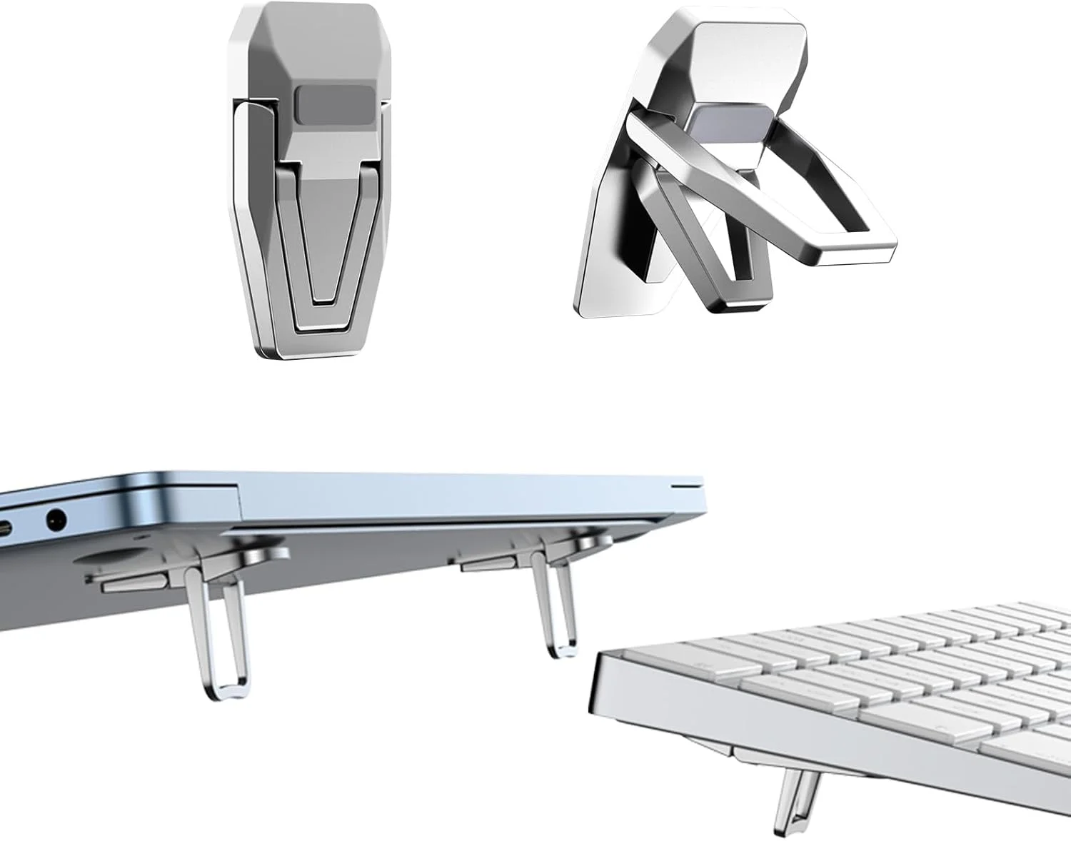 پایه کیبورد کامپیوتر آلیاژ روی تاشو، با قابلیت تنظیم 2 زاویه، پایه لپ تاپ نامرئی خود چسب برای میز، بالابر کیبورد مینی قابل حمل (نقره ای) - 2 عدد