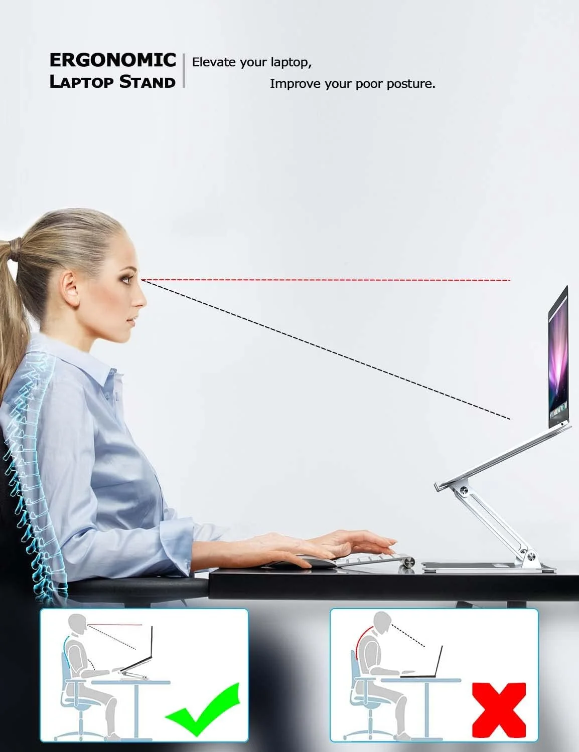 پایه لپ تاپ قابل تنظیم PHOCAR برای میز، پایه ارگونومیک آلومینیومی لپ تاپ برای لپ تاپ های 10-17.3 اینچی، سازگار با MacBook Air/Pro، Dell، HP، Lenovo، Surface، Huawei، Xiaomi