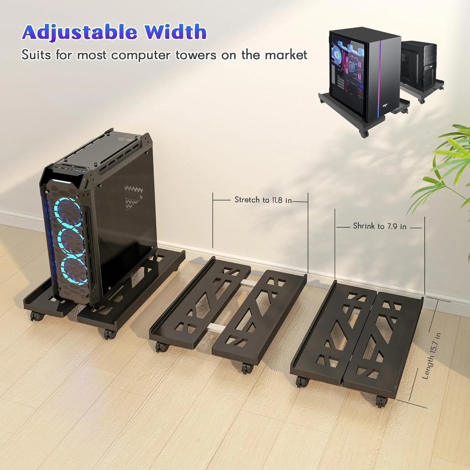 پایه برج کامپیوتر قابل تنظیم موبایل، نگهدارنده تهویه دار CPU زیر میز، پایه چرخ دار CPU قابل تنظیم نگهدارنده سبد موبایل کامپیوتر مناسب برای اکثر میزهای گیمینگ و اداری