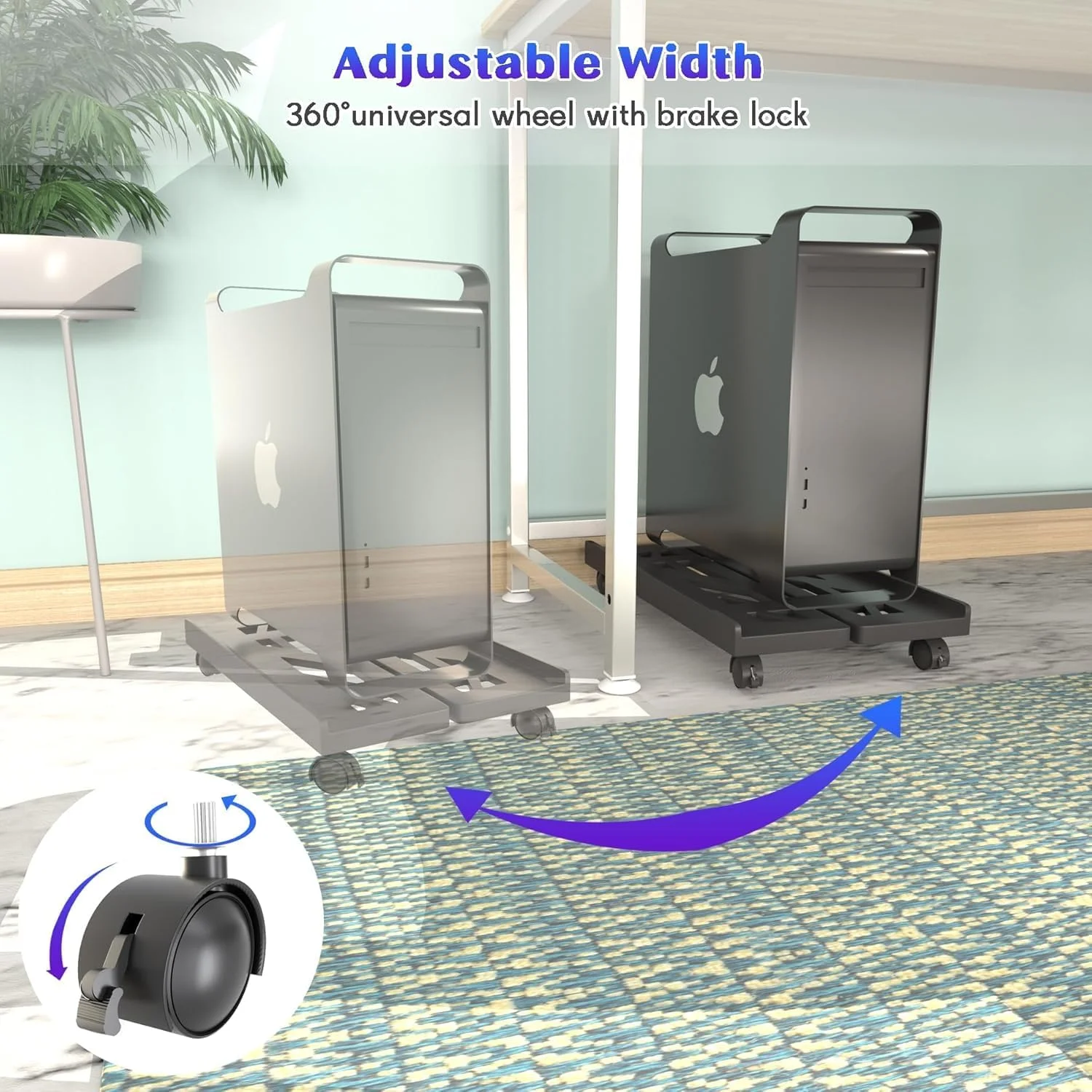 پایه برج کامپیوتر قابل تنظیم موبایل، نگهدارنده تهویه دار CPU زیر میز، پایه چرخ دار CPU قابل تنظیم نگهدارنده سبد موبایل کامپیوتر مناسب برای اکثر میزهای گیمینگ و اداری