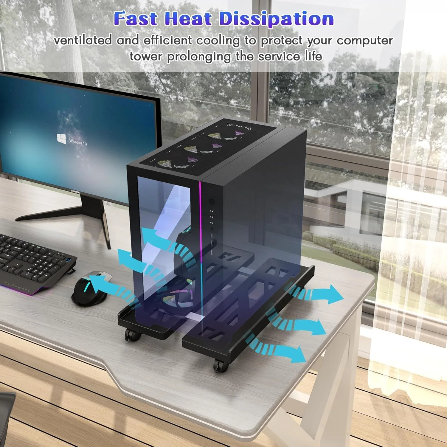 پایه برج کامپیوتر قابل تنظیم موبایل، نگهدارنده تهویه دار CPU زیر میز، پایه چرخ دار CPU قابل تنظیم نگهدارنده سبد موبایل کامپیوتر مناسب برای اکثر میزهای گیمینگ و اداری