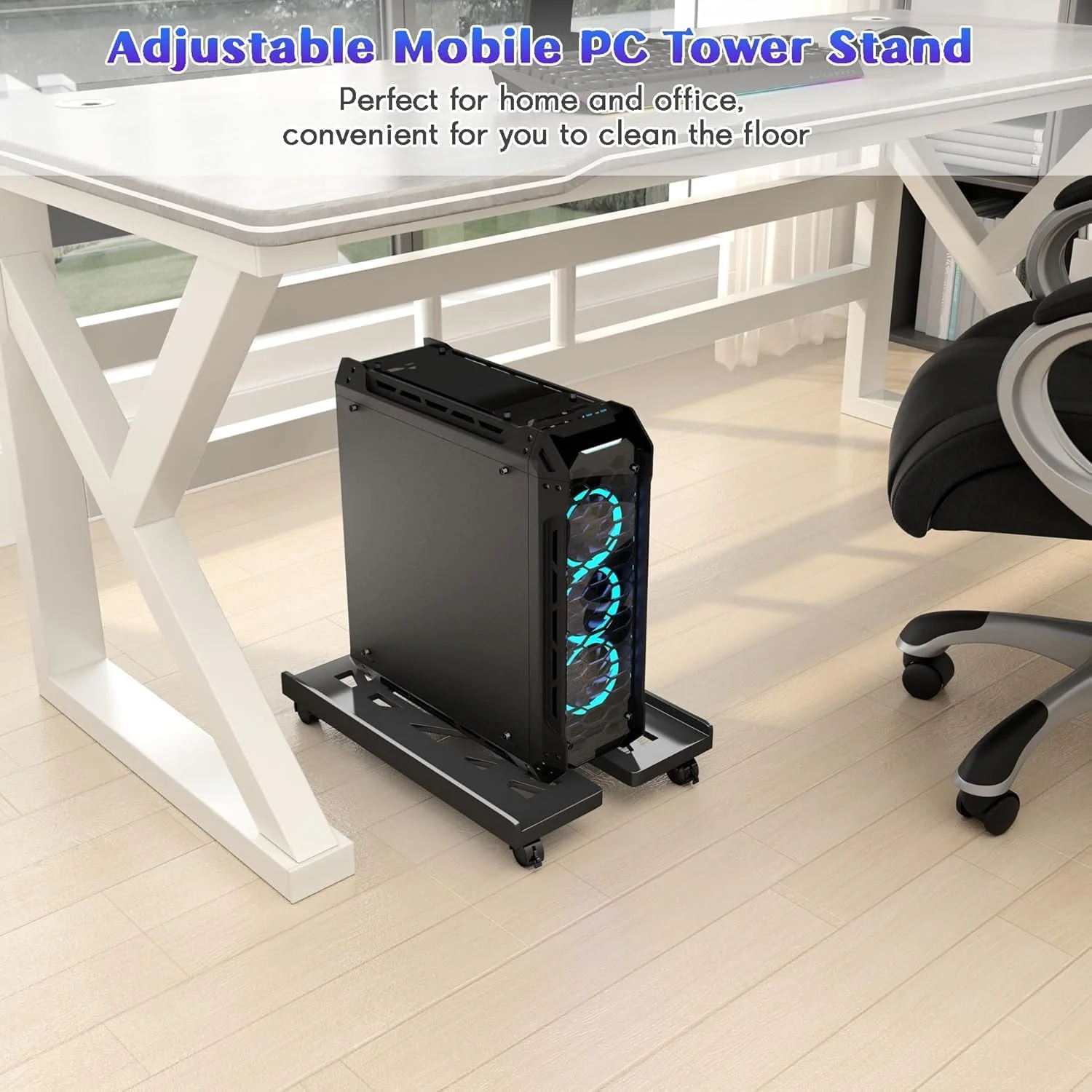 پایه برج کامپیوتر قابل تنظیم موبایل، نگهدارنده تهویه دار CPU زیر میز، پایه چرخ دار CPU قابل تنظیم نگهدارنده سبد موبایل کامپیوتر مناسب برای اکثر میزهای گیمینگ و اداری