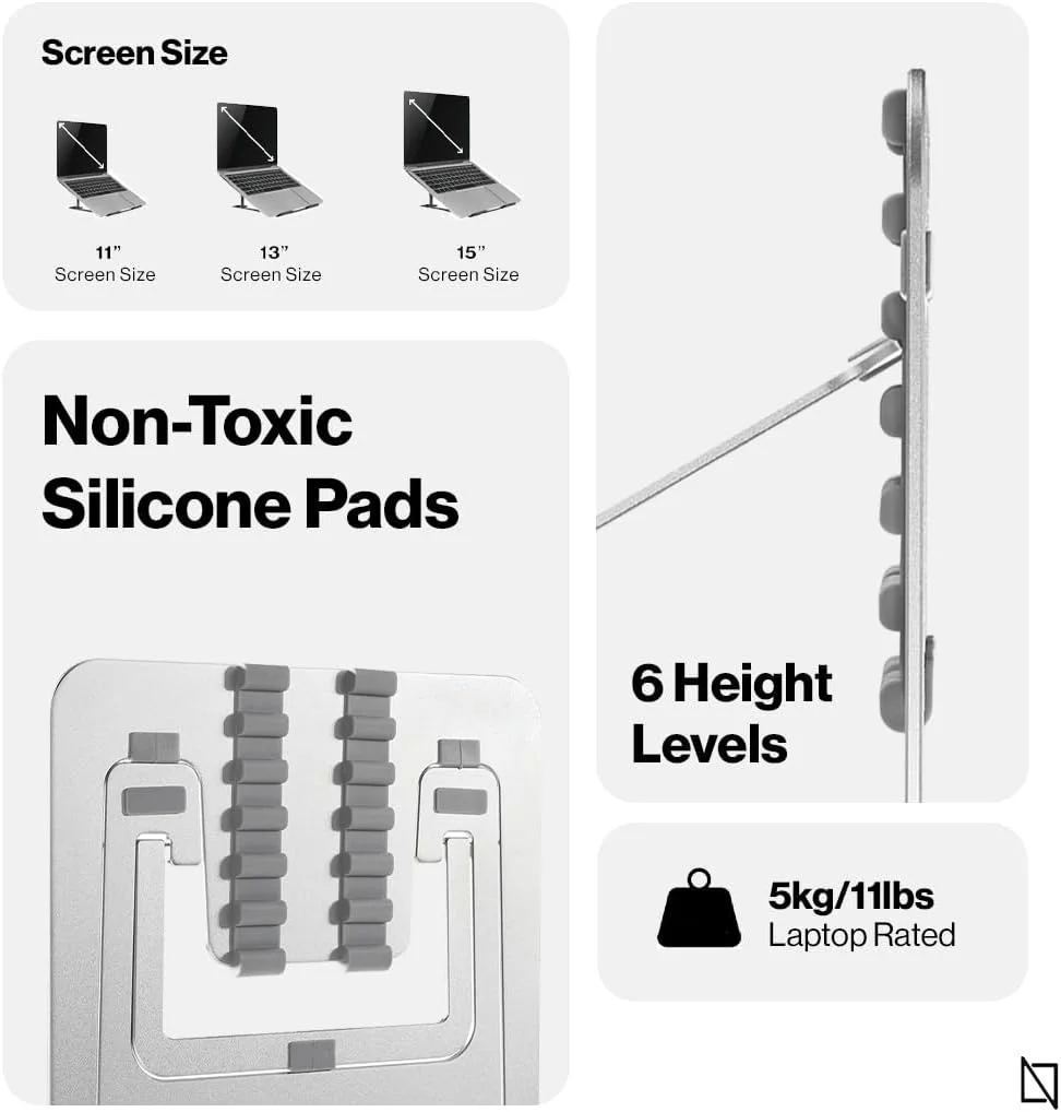 پایه لپ‌تاپ قابل حمل NAVO مدل NAVO | استند لپ‌تاپ ارگونومیک با قابلیت تنظیم ارتفاع در 6 سطح برای دفتر کار خانگی | سازگاری جهانی | (متوسط، نقره‌ای)