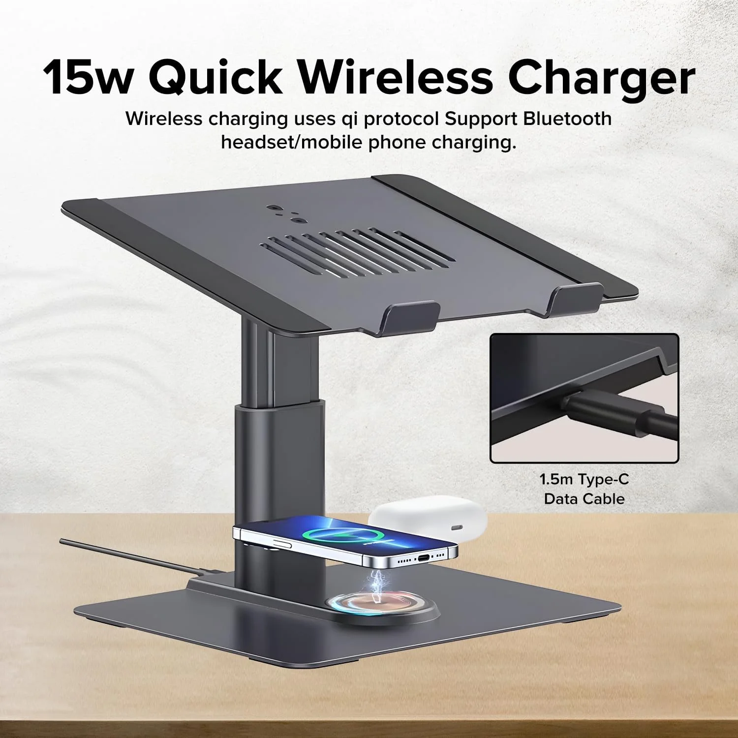 پایه لپ تاپ NOVORA برای میز با شارژر بی سیم 15 واتی - پایه لپ تاپ آلومینیومی ارگونومیک با ارتفاع قابل تنظیم برای مک بوک، آیپد، تبلت ها 11-22 اینچی - تهویه خنک کننده و نصب بدون ابزار