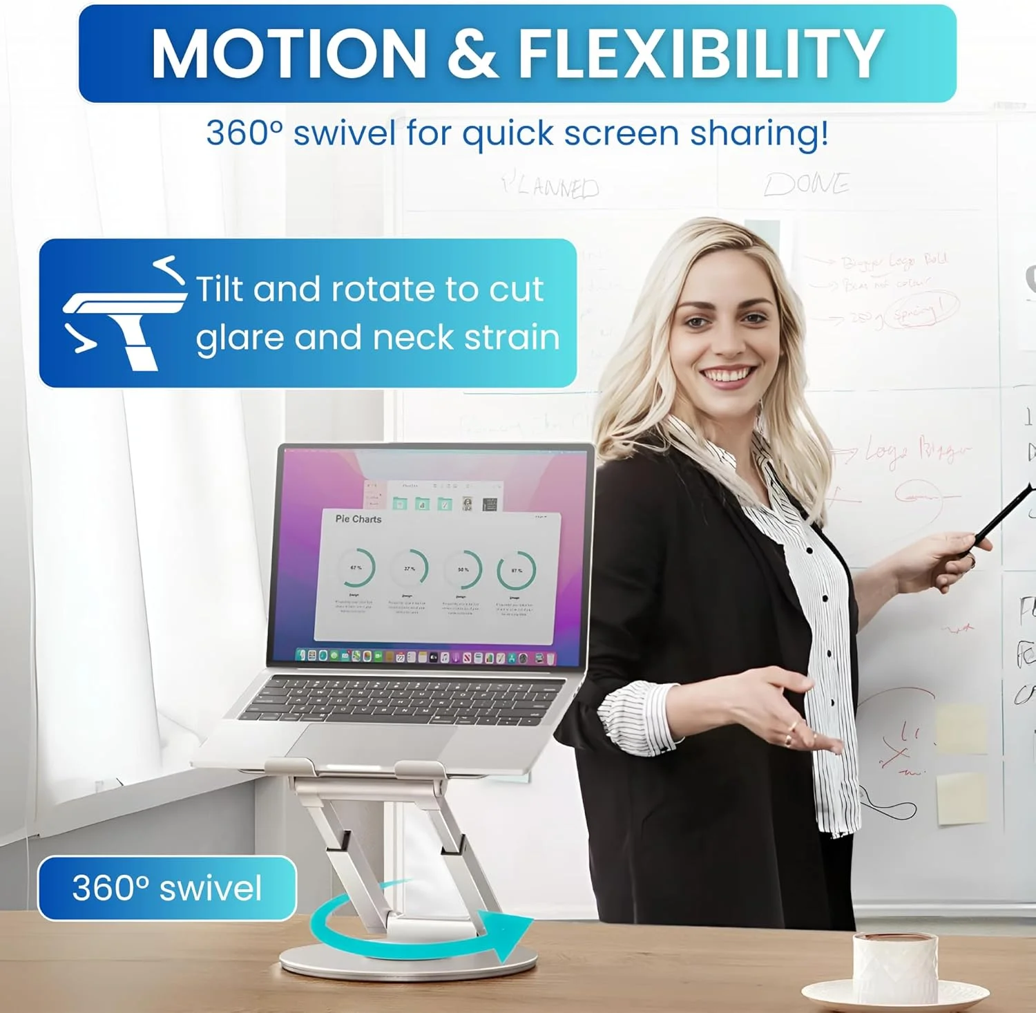 پایه لپ‌تاپ با قابلیت تنظیم ارتفاع | ساخته شده از آلومینیوم با کیفیت عالی - پایه لپ‌تاپ برای میز کار، میز اداری، میز قهوه، پیشخوان آشپزخانه، میز کنار تخت، کلاس‌های درس و فضاهای کار اشتراکی