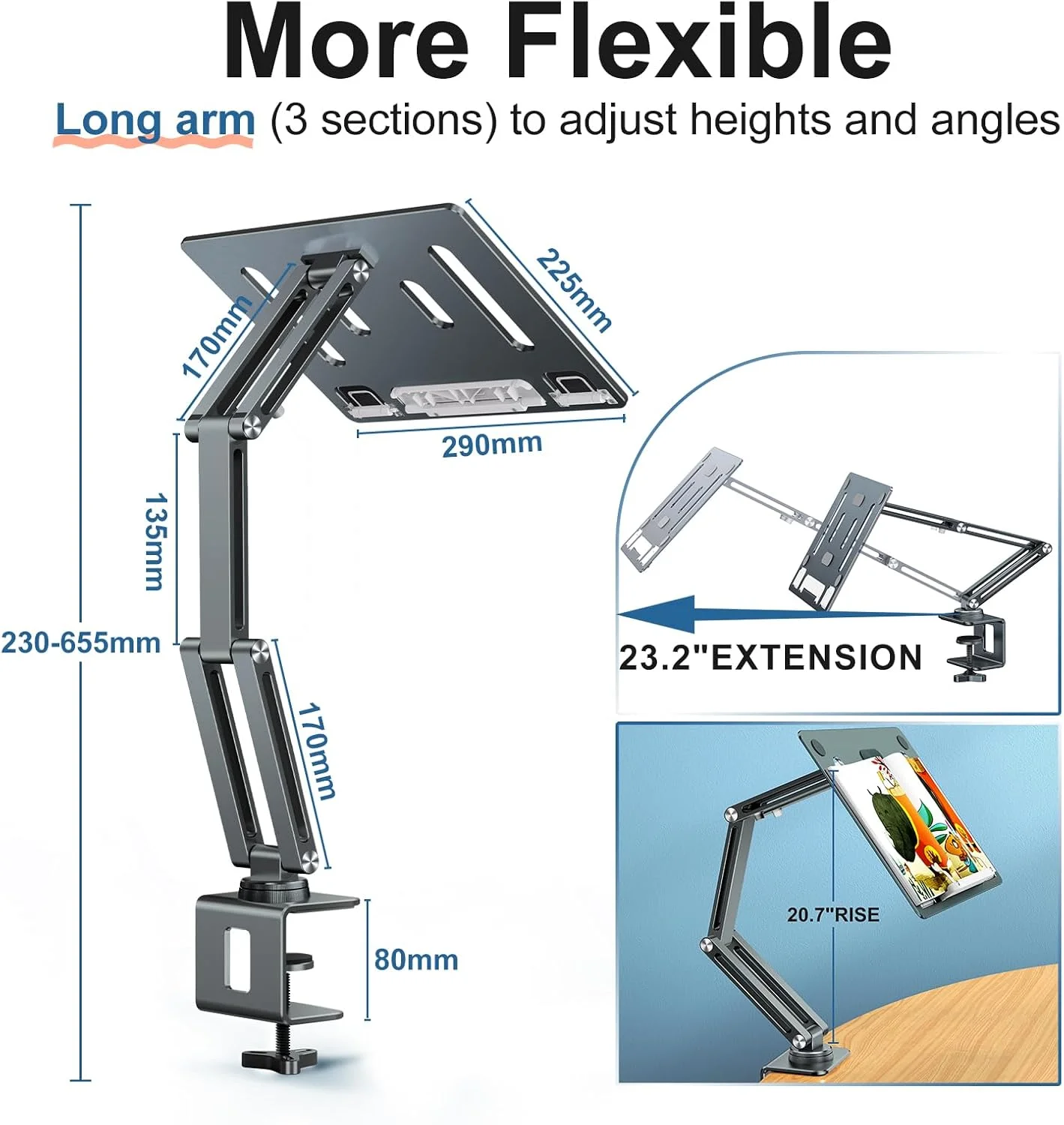 پایه نگهدارنده لپ‌تاپ برای میز، بازوی نگهدارنده لپ‌تاپ با چرخش 360 درجه، سینی آلومینیومی قابل تنظیم، پایه/نگهدارنده تاشو لپ‌تاپ، مناسب برای لپ‌تاپ‌های 11-17 اینچی (سبز مایل به خاکستری)