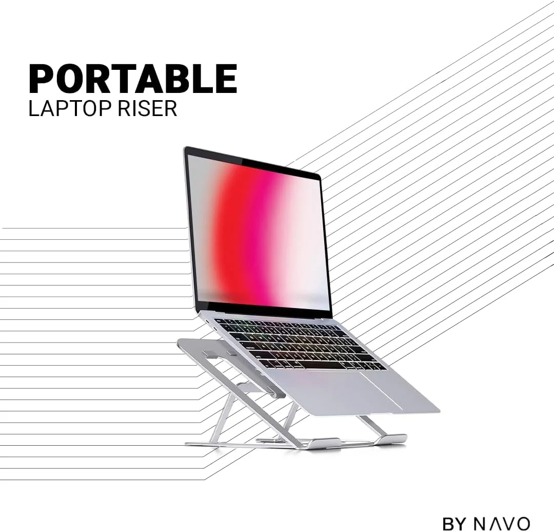 پایه لپ‌تاپ قابل حمل NAVO مدل NAVO | استند لپ‌تاپ ارگونومیک با قابلیت تنظیم ارتفاع در 6 سطح برای دفتر کار خانگی | سازگاری جهانی | (متوسط، نقره‌ای)
