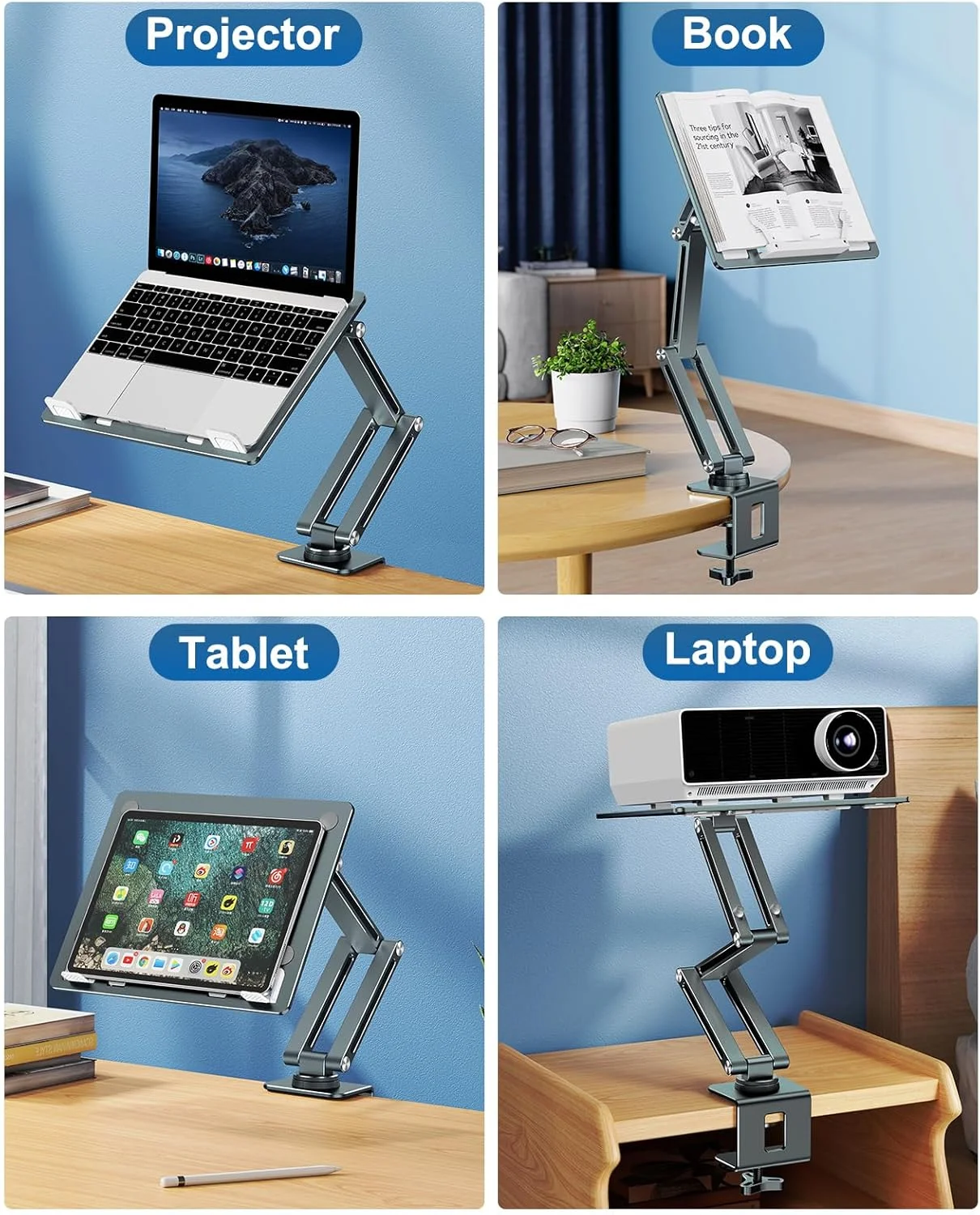 پایه نگهدارنده لپ‌تاپ برای میز، بازوی نگهدارنده لپ‌تاپ با چرخش 360 درجه، سینی آلومینیومی قابل تنظیم، پایه/نگهدارنده تاشو لپ‌تاپ، مناسب برای لپ‌تاپ‌های 11-17 اینچی (سبز مایل به خاکستری)